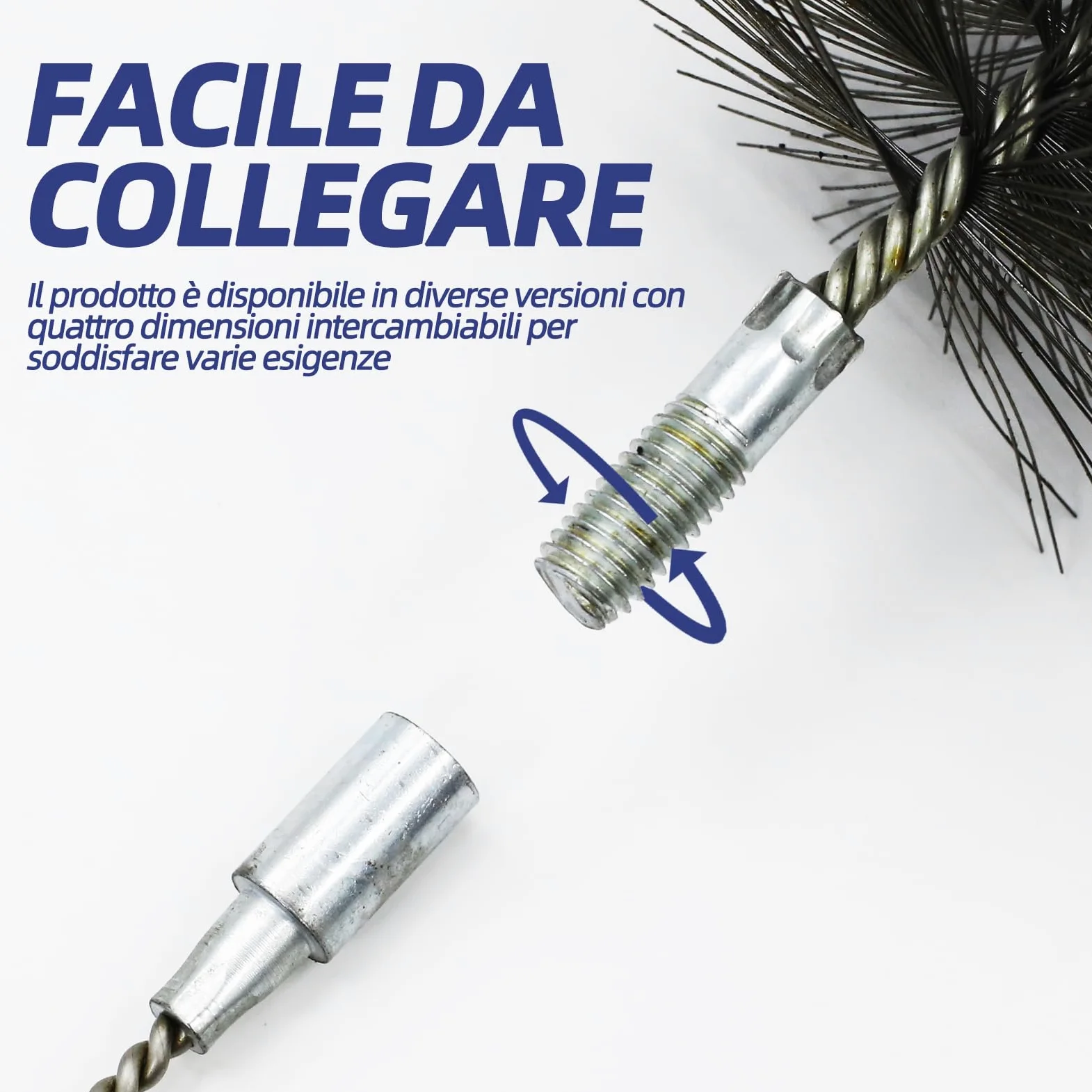 Set di spazzole per camino 4 pezzi con spazzole da 30/50/80/150 mm, incl. 1m di filo di acciaio e stanga di spinta – Spazzola per camino per la pulizia di canne fumarie, tubi per stufe e tubi di