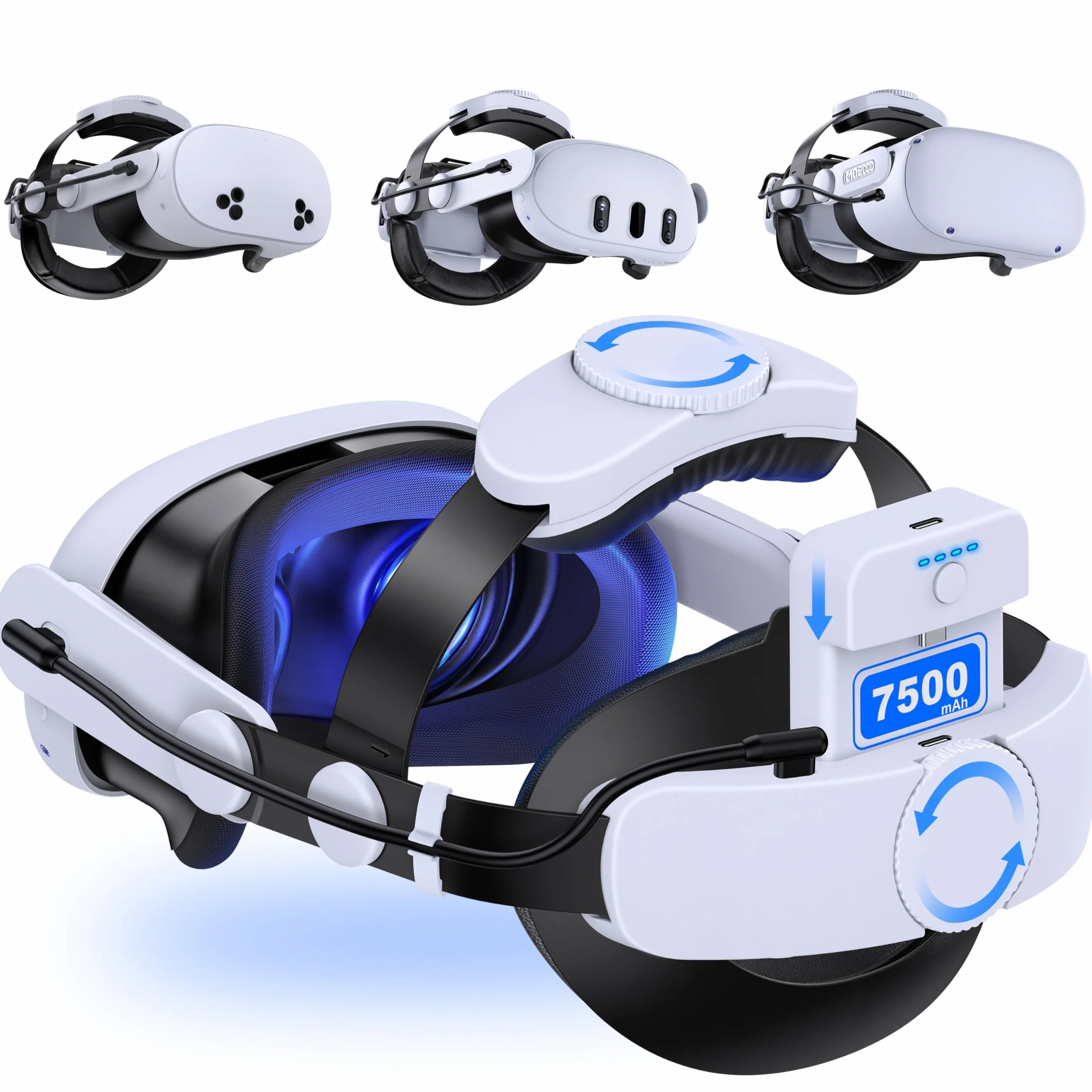 MQ Series Head Strap con batteria da 7500 mAh, cinturino regolabile VR Elite per Meta Quest 3S/Quest 3/Quest 2 con due pulsanti - Prolunga il tempo di riproduzione per gli accessori Oculus