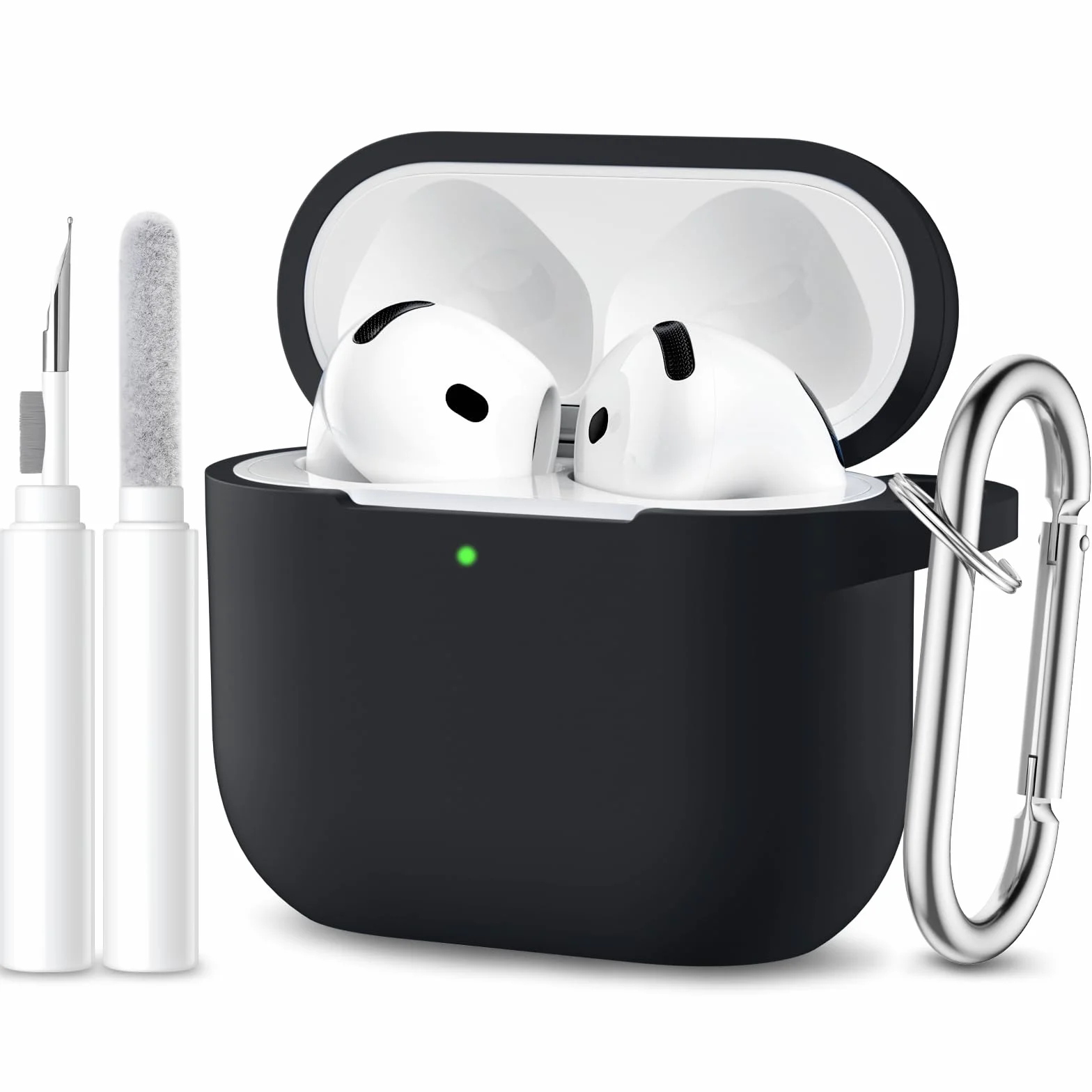 Maledan Cover Compatibile con AirPods 4 2024 Custodia, Case Protettiva Antiurto in Silicone Morbido per Apple AirPods 4 Generazione Custodia con Kit di Pulizia e Moschettone [LED visibile],Nero