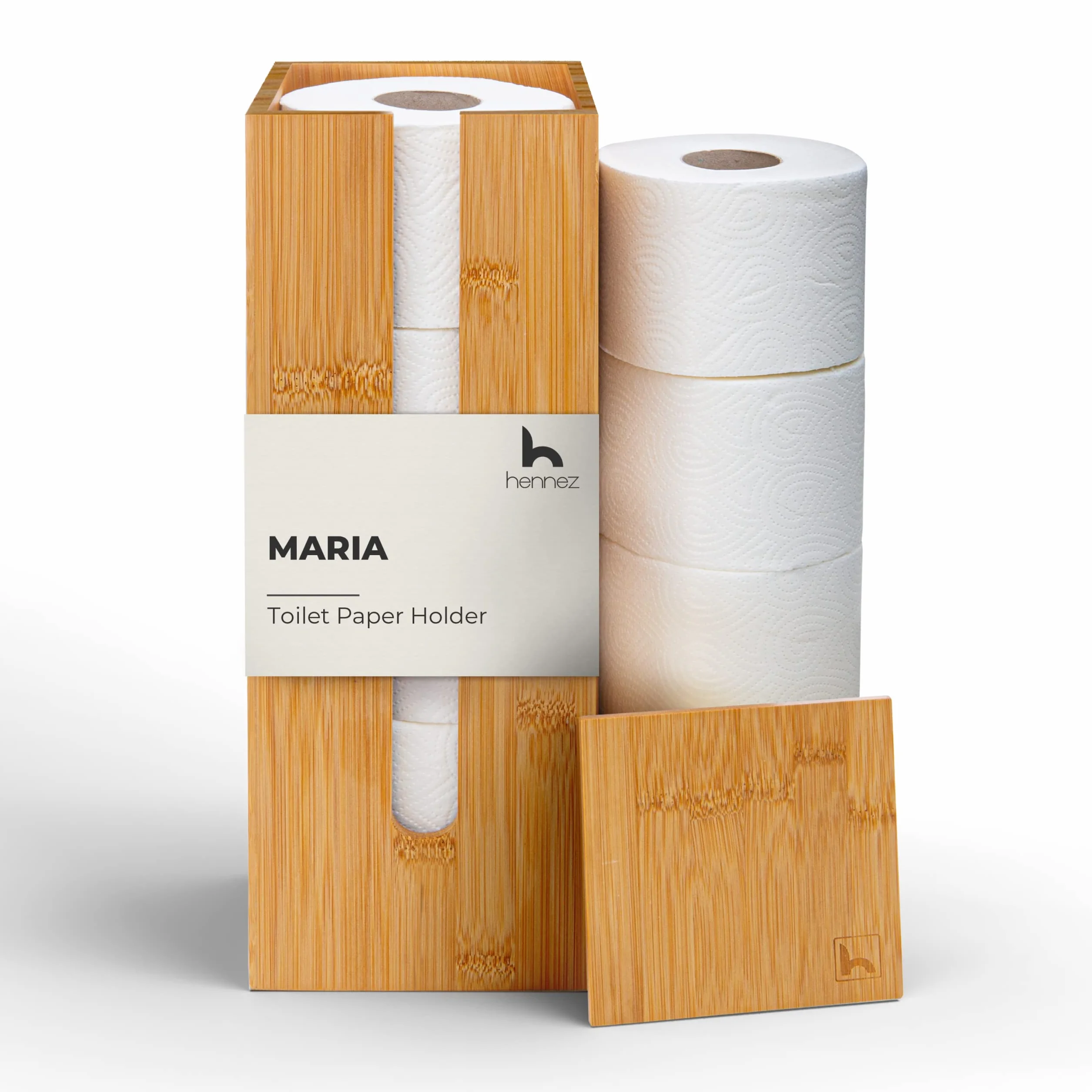 HENNEZ Porta Carta Igienica da Terra Legno di Bambu Chiuso - Portarotolo da Terra Contenitore - Scorta Mobile Bagno Legno
