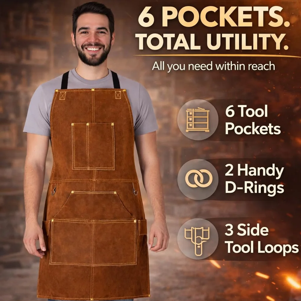 BWOLF SMITH Grembiule Saldatore in Pelle per Lavoro di Legno | Grembiule per Falegname con 6 Tasche | Grembiule per Saldatura e Resistente | Resistente al Calore | Regolabile