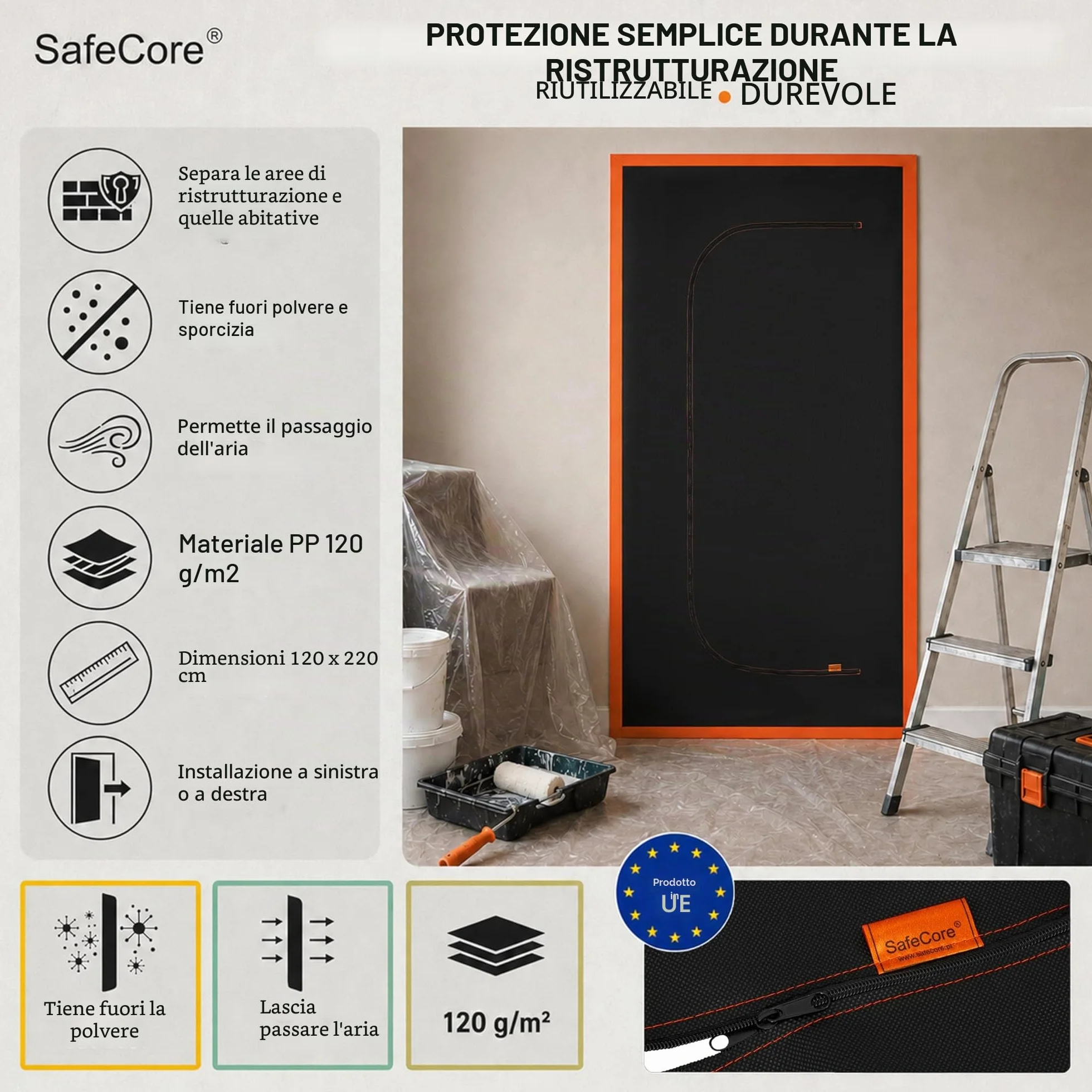 SafeCore Porta Antipolvere 220x110 cm 2 Pezzi, Cerniera Doppia, Tessuto Non Tessuto Polipropilene 120 g/m²