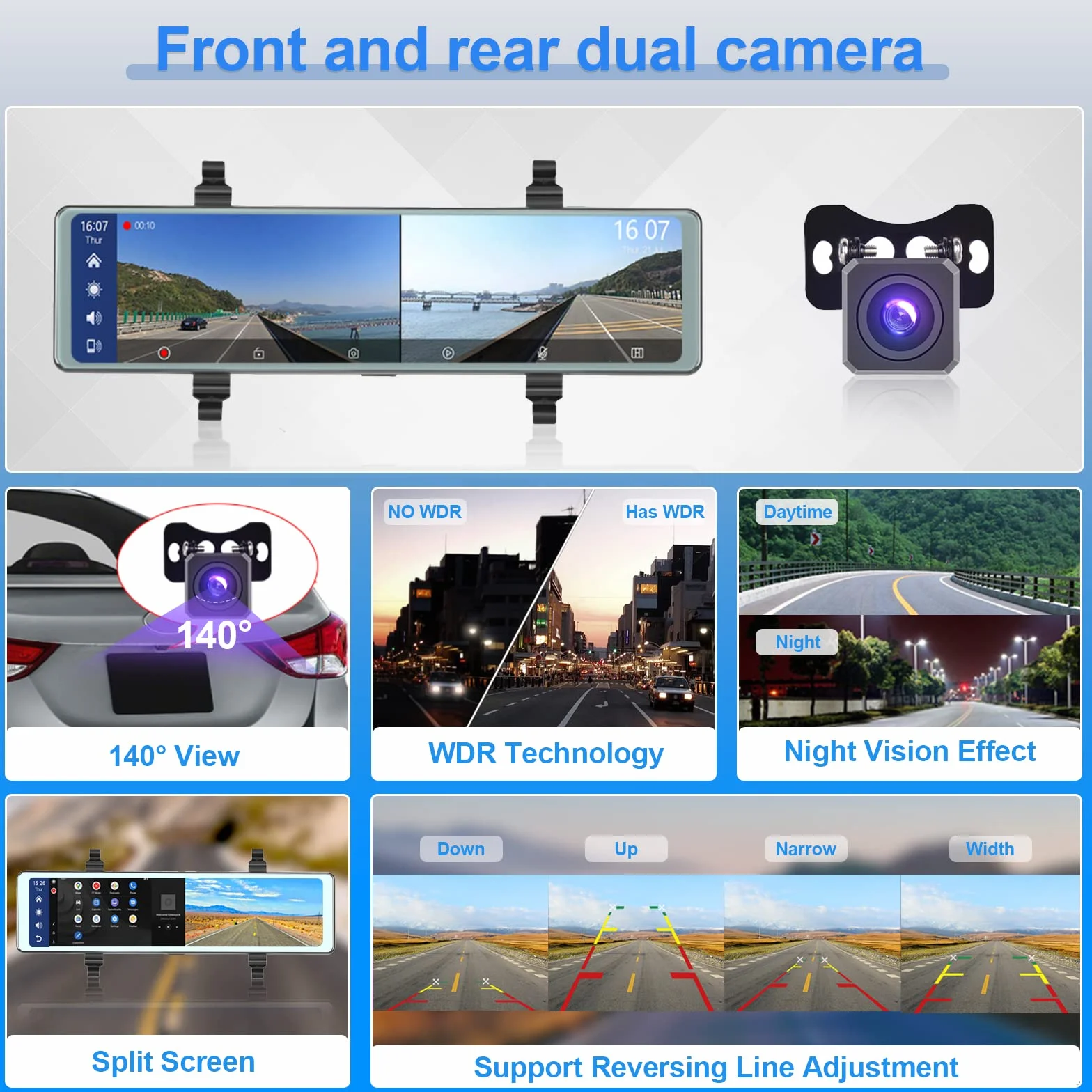 Specchio Retrovisore Auto Dash Cam Carplay Android Auto, Bluetooth, 11,26 Pollici Touchscreen IPS Specchio Retrovisore DVR, Anteriore e Posteriore Telecamere WDR, Specchio Dash Cameras FM, AUX in