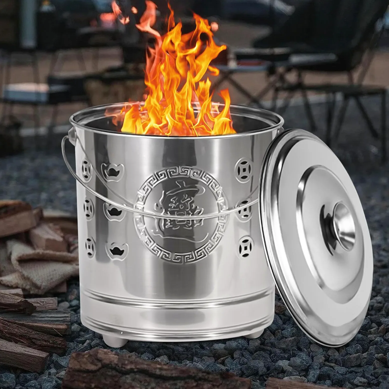 Barile Bruciatore Gabbia Sicura Portatile In Acciaio Inossidabile | Con Coperchio, Attizzatoio E Barile Da Fuoco Rivestito Per Rifiuti Da Giardino, Foglie Cadute, Legna, Spazzatura, Falò,
