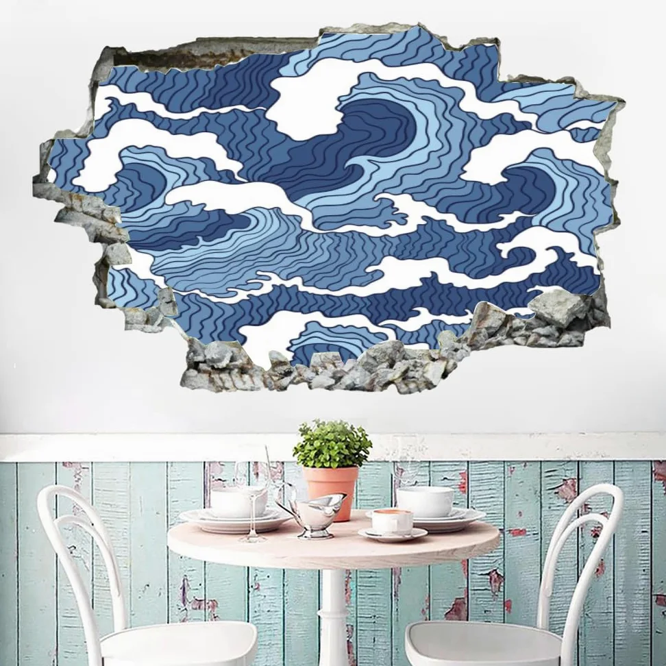 Adesivi murali 3D Murales fracassati Onde blu Decalcomanie da pavimento rimovibili Arte Arte astratta per camera da letto Soggiorno Porta del bagno Cucina Ufficio Nursery Decorazione murale