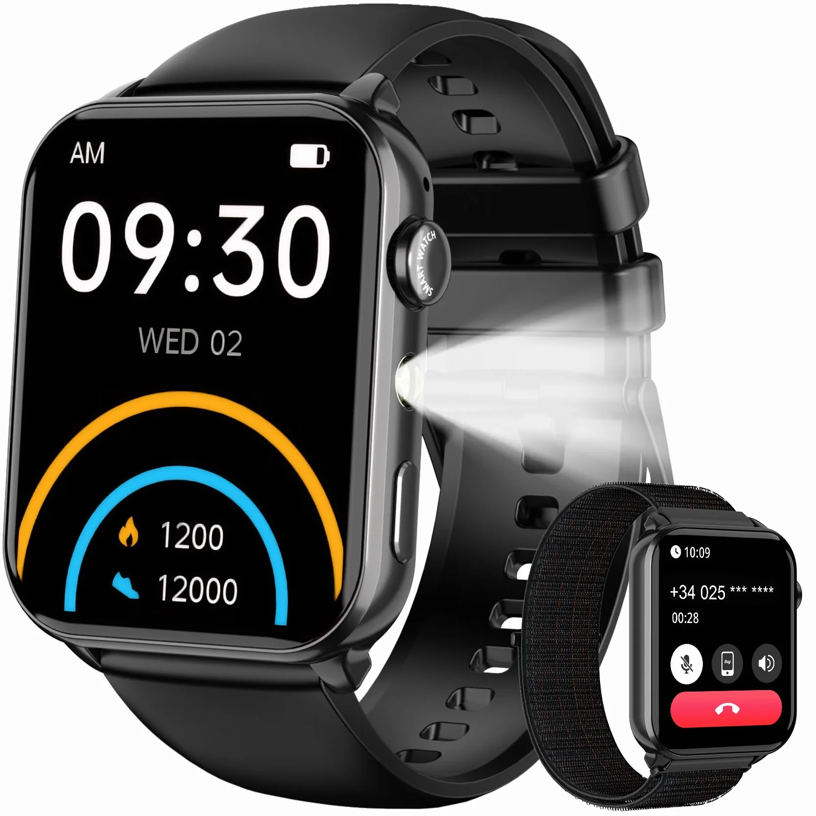 Smartwatch Uomo Donna, Orologio Smartwatch con Effettua/Risposta Chiamate, LED Torcia, Orologio Intelligente con DIY Quadranti, Contapassi, Sonno, Smart Watch per Android iOS(2 Cinturini)