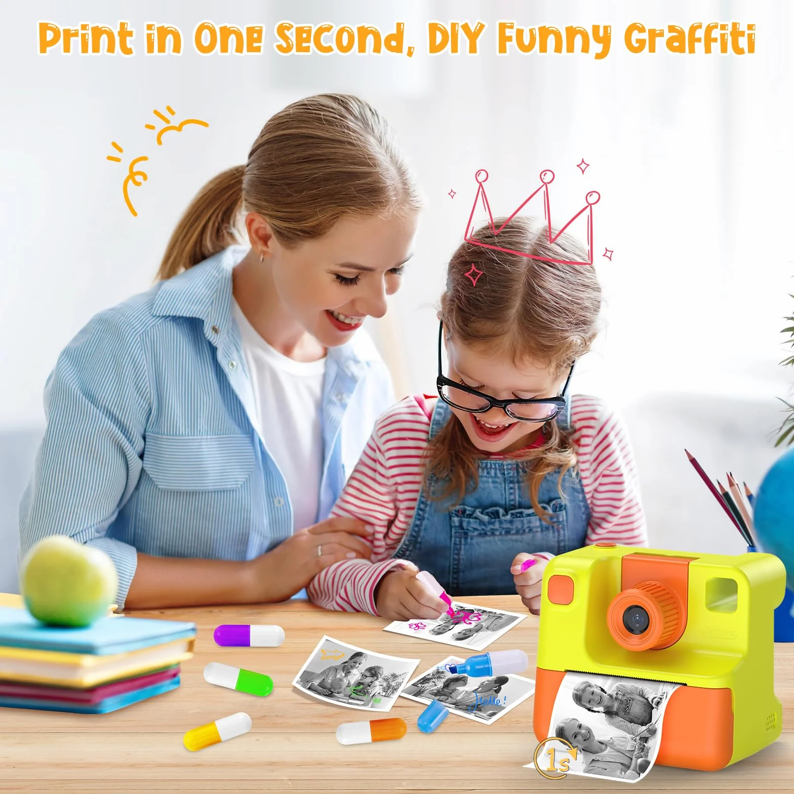Macchina Fotografica Bambini Istantanea, 1080P Digitale Fotocamera Istantanea Bambini, Regalo per Bambini dai 3-12 Anni, 32GB Scheda SD, 5 Penne Colorate (giallo)