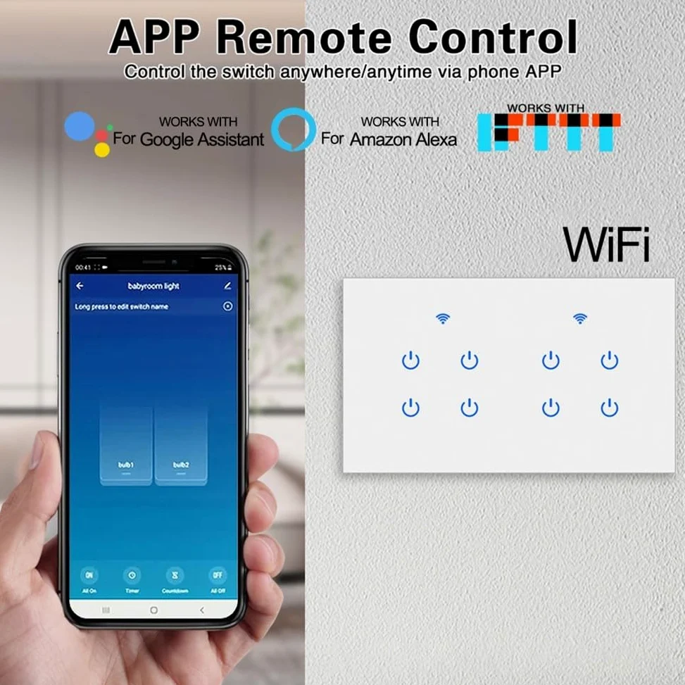Interruttore WiFi Smart Touch a 2 vie da parete, pannello in vetro temperato, per Alexa Voice per telecomando App Tuya, per Smart Life, illuminazione domestica 220 V (8 gang 2 vie)