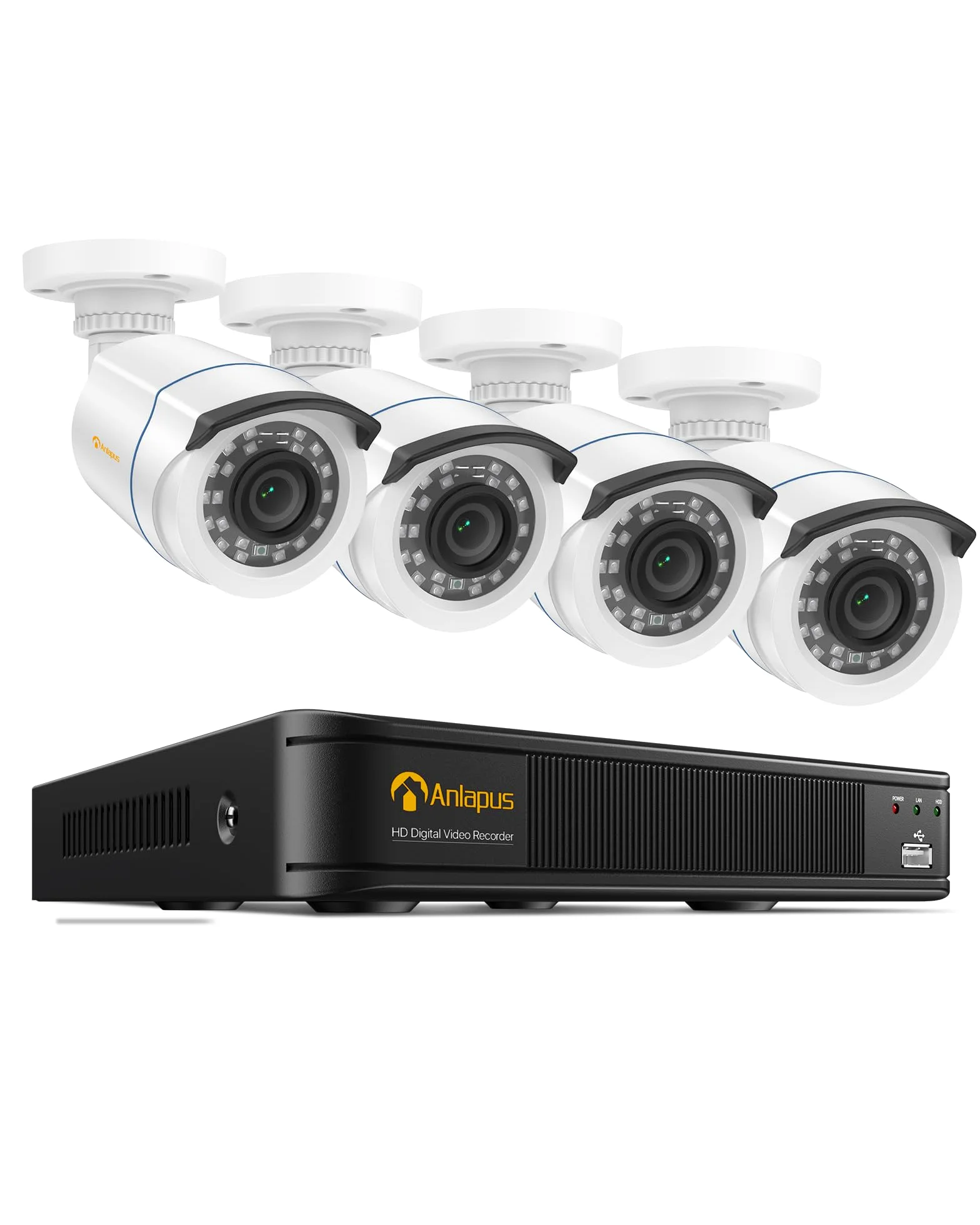 Anlapus 1080P Kit di Sorveglianza DVR 8CH H.265+ Videoregistrator con 4pcs Telecamera Esterno, Senza HDD, Visione Notturna, Allarme E-mail, P2P | 2 MP esterno senza hard disk, allarme di movimento tramite app e e-mail