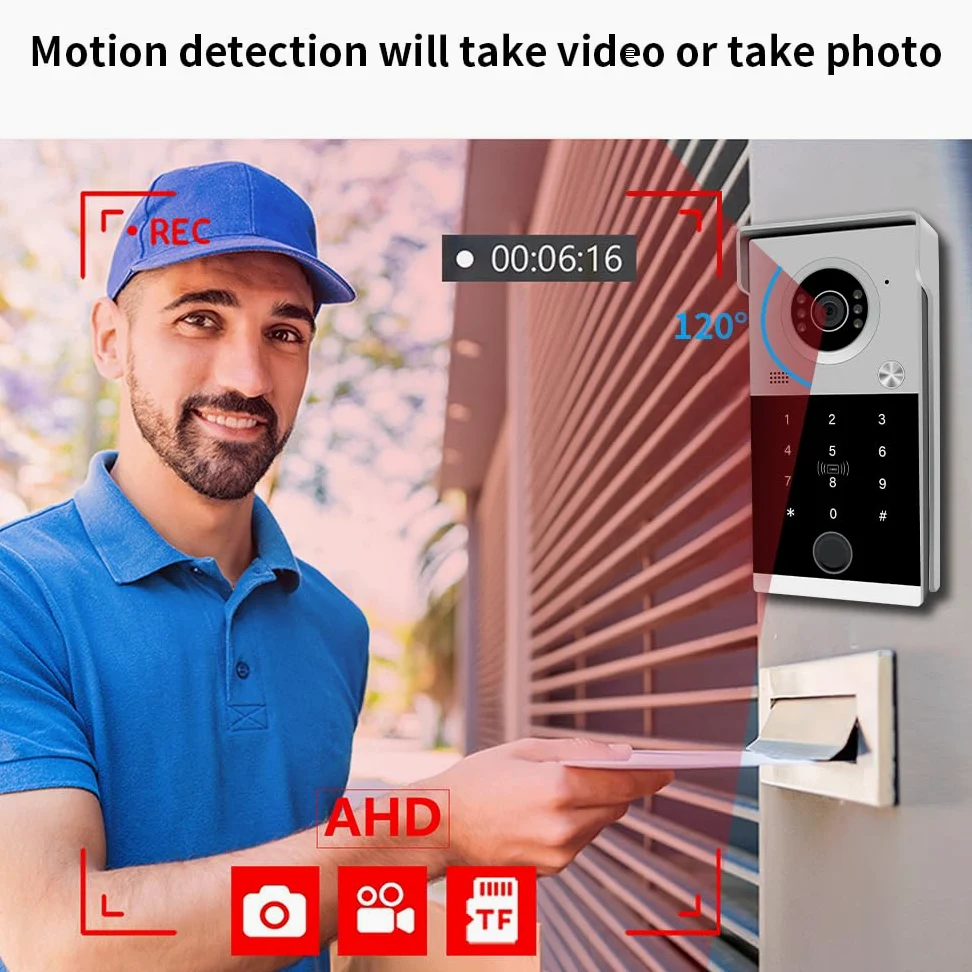 Videocitofono cablato per appartamento, monitor touch da 7 pollici con campanello 1080P, sblocco password scheda RFID con impronte digitali, monitoraggio per casa villa