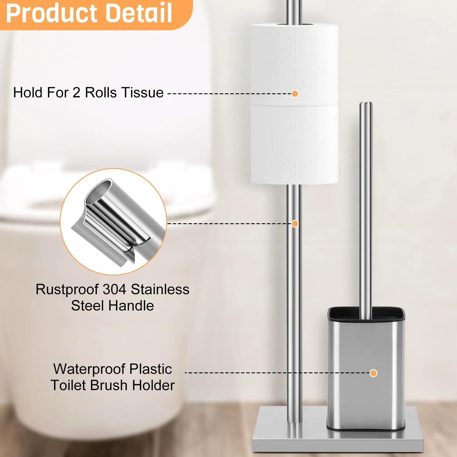 Topsky Portarotolo di carta igienica autoportante con scopino per WC, supporto per rotolo di carta igienica in acciaio inox, scopino e supporto per bagno (argento)