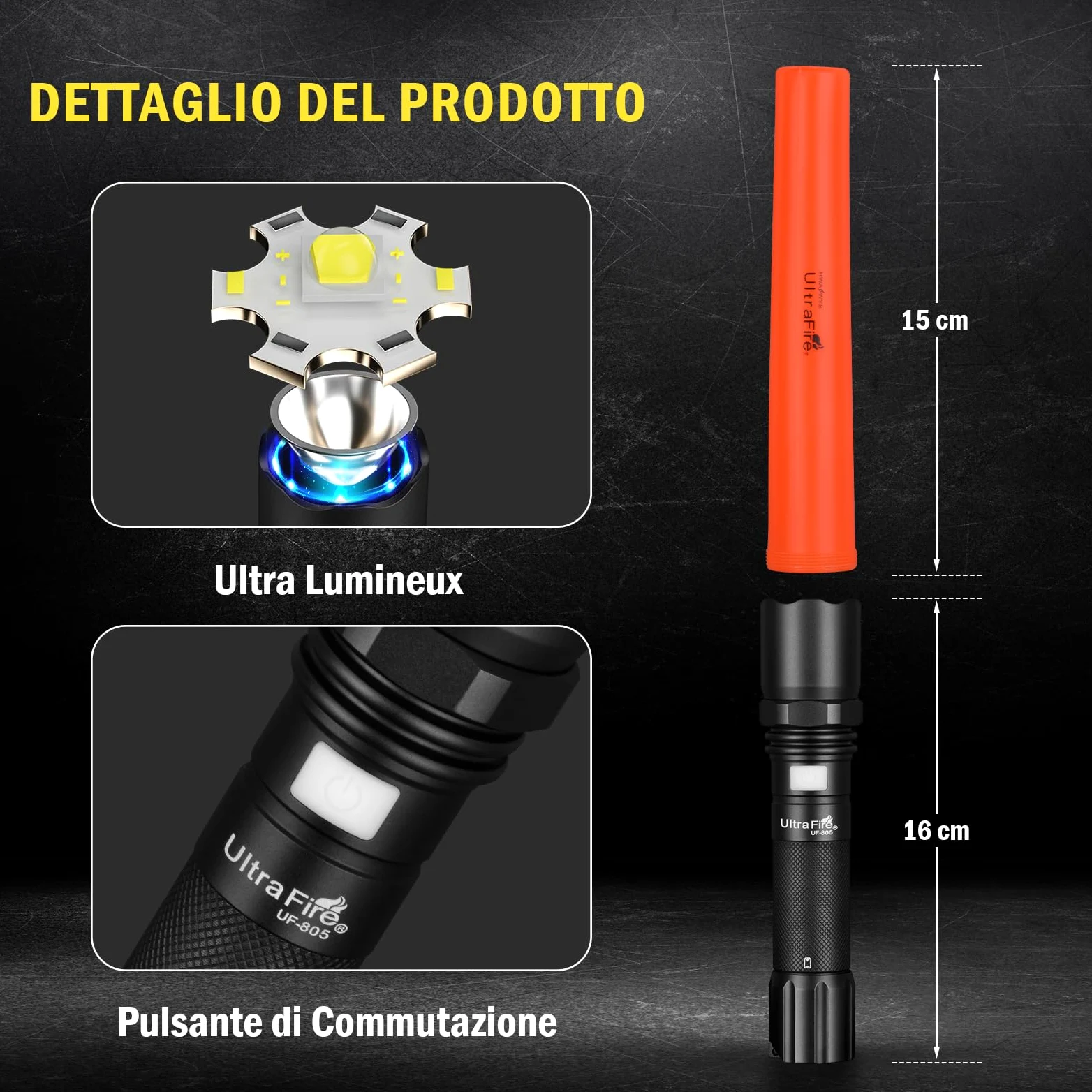 UltraFire Torcia a LED ricaricabile da 12 pollici, 619 lumen, torcia di sicurezza, 3 modalità con lampeggio rosso, USB-C, per il controllo del traffico, aeroporto, vigili del fuoco, parcheggio