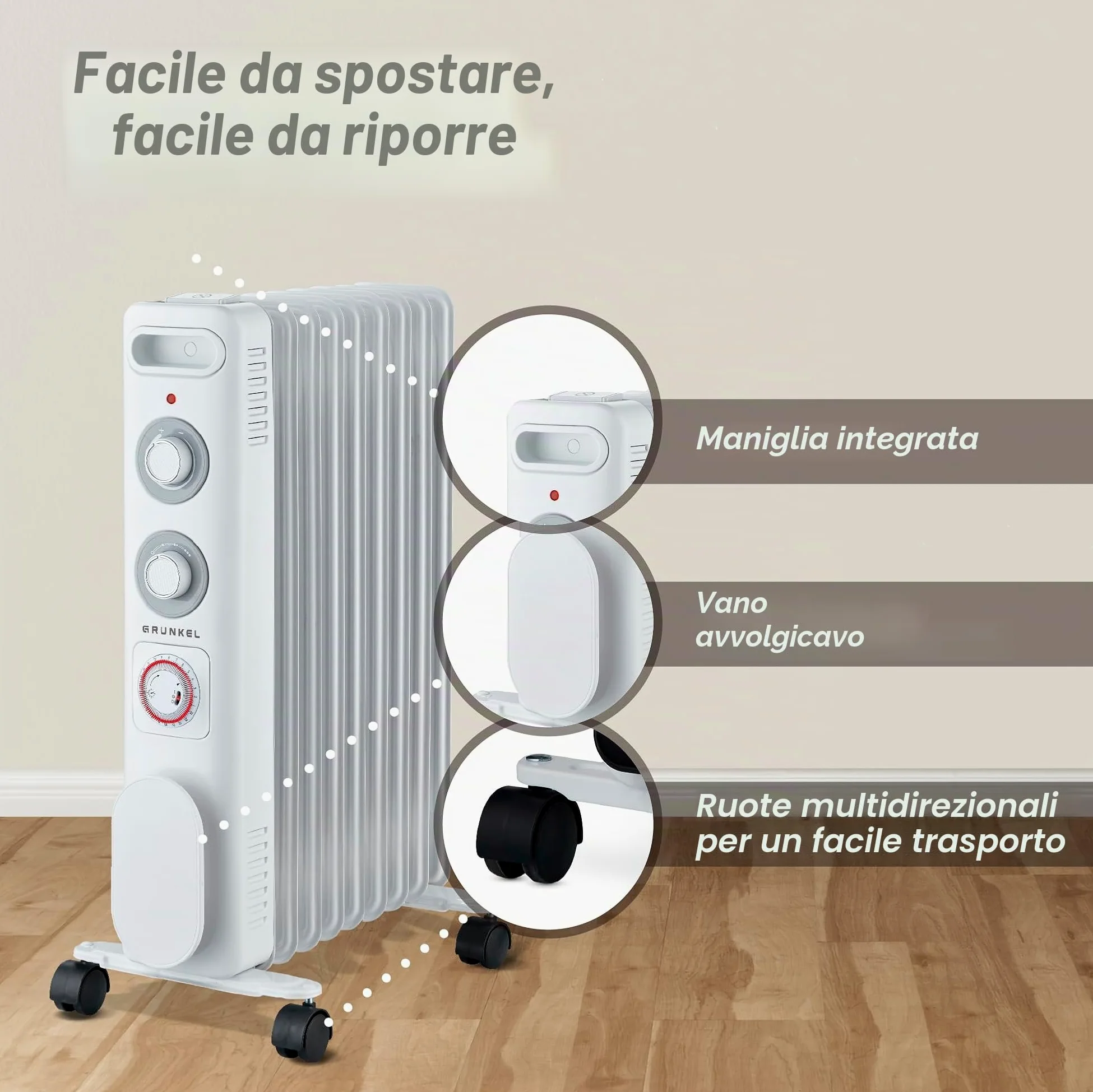 GRUNKEL RD-2000S Radiatore ad olio, 2000 W-2500 W, 9 elementi, 3 livelli di potenza, timer 24 ore, termostato regolabile, ruote multidirezionali