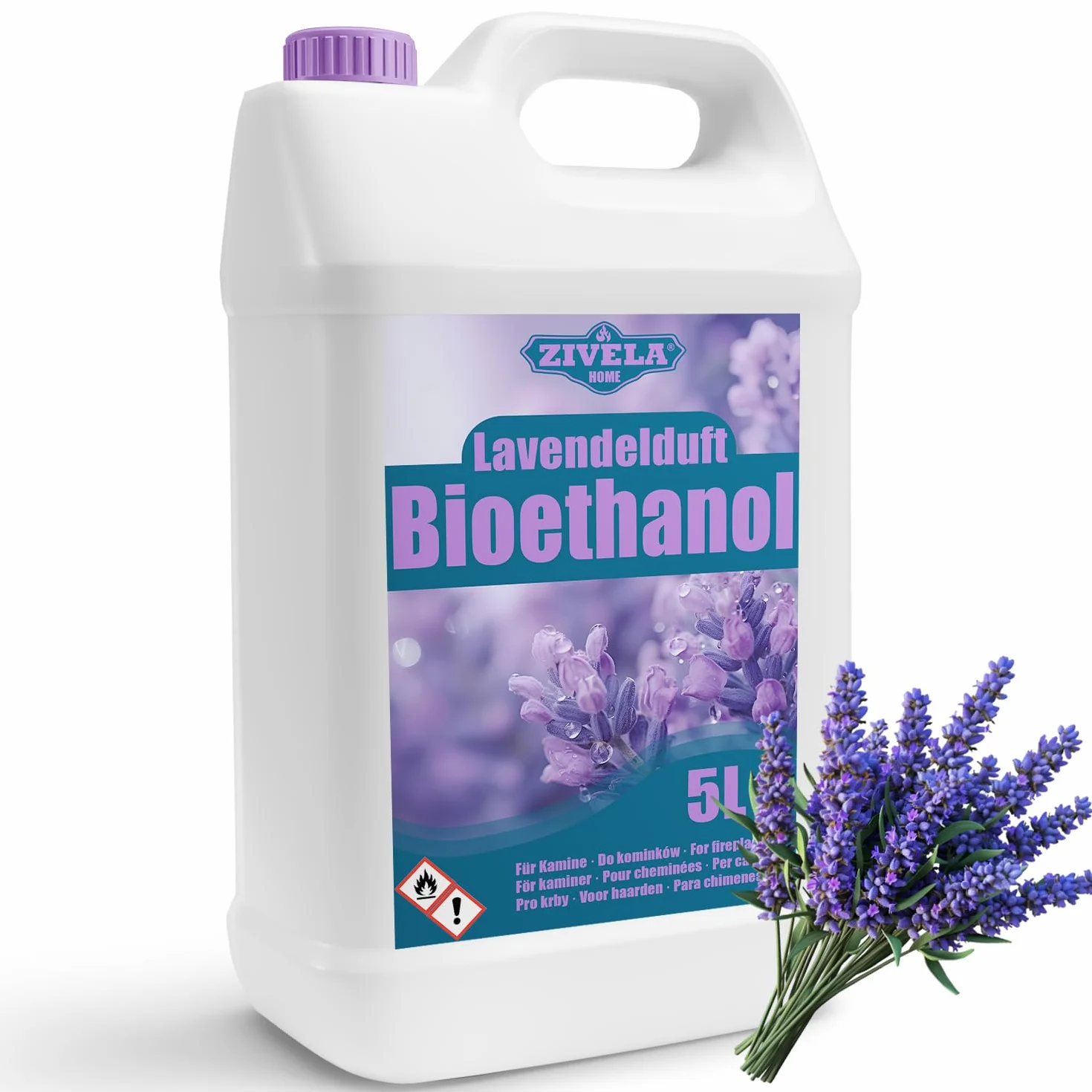 Bioetanolo 96,6% 15 l, profumo di lavanda di alcool biologico 96,6% 15 l, bioetanolo per camino, caminetto, camino a bioetanolo, profumo di lavanda, combustione pulita, senza fumo, fiamma vivida e