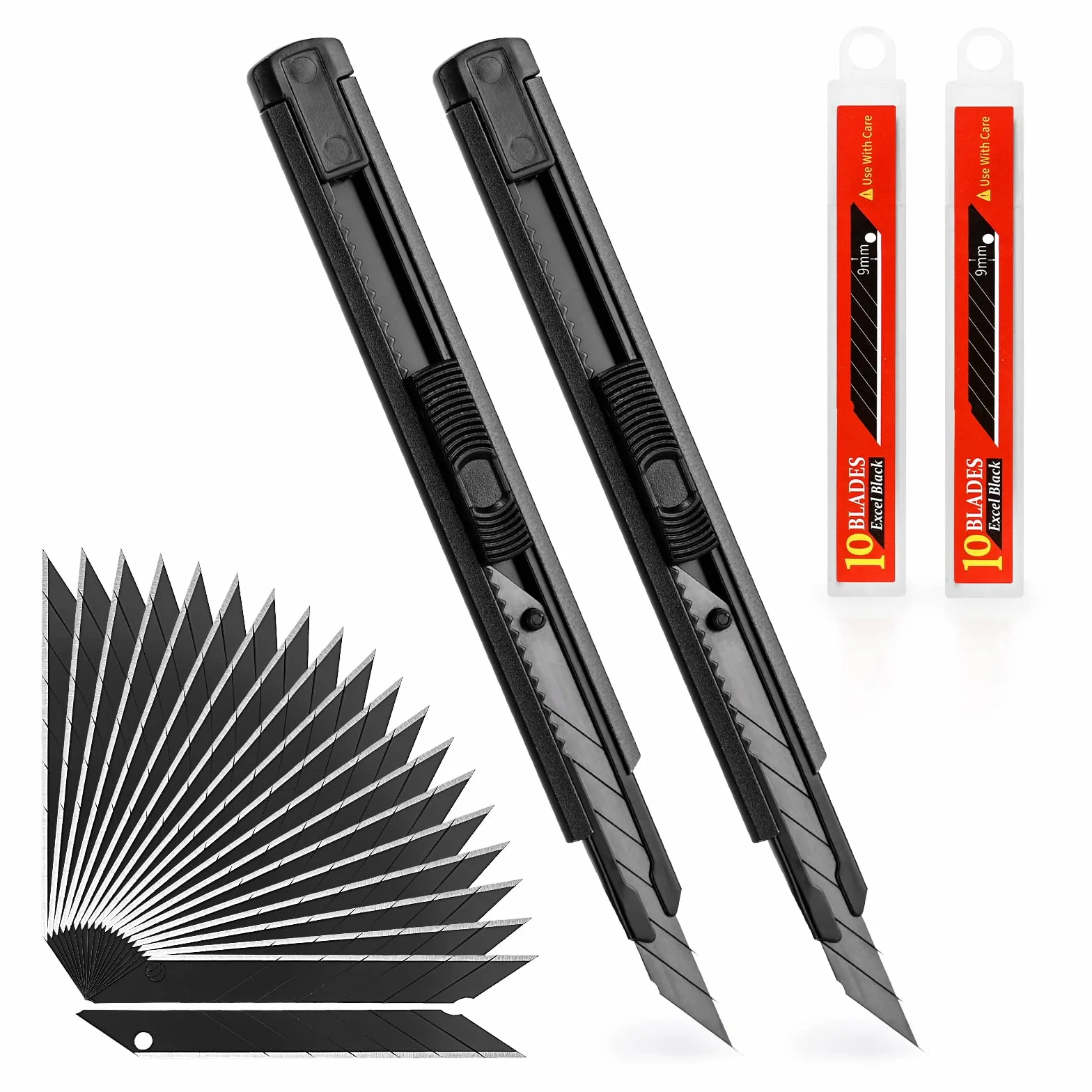 EHDIS 2 pezzi Taglierino Cutter Professionale 9mm con 20 Lame a Scatto, Corpo in Alluminio, Nero