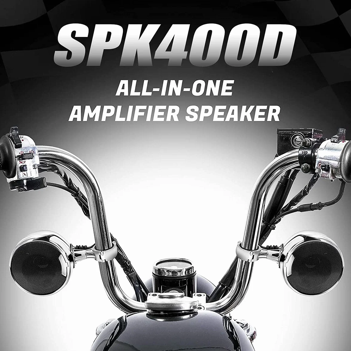 600W Amplificatore integrato 4.5" Bluetooth impermeabile Altoparlanti stereo per moto Sistema radio audio per moto con USB AUX MP3, adatto per l'installazione sul manubrio da 1 a 1.25" (Chrome)