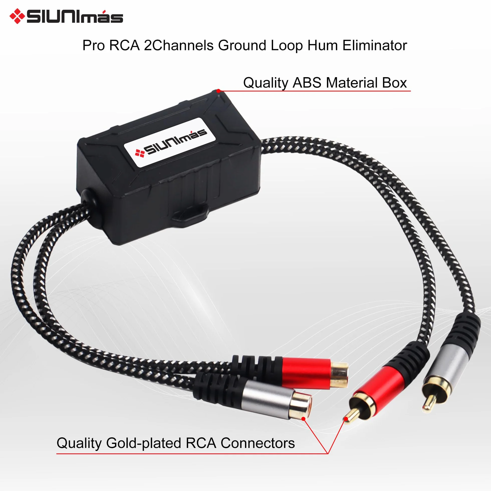 Isolatore RCA Pro a 2 canali con cavo intrecciato in nylon intrecciato per auto e home theater, con filtro antirumore con scatola in ABS resistente (SIM-2CH-RCA01A)