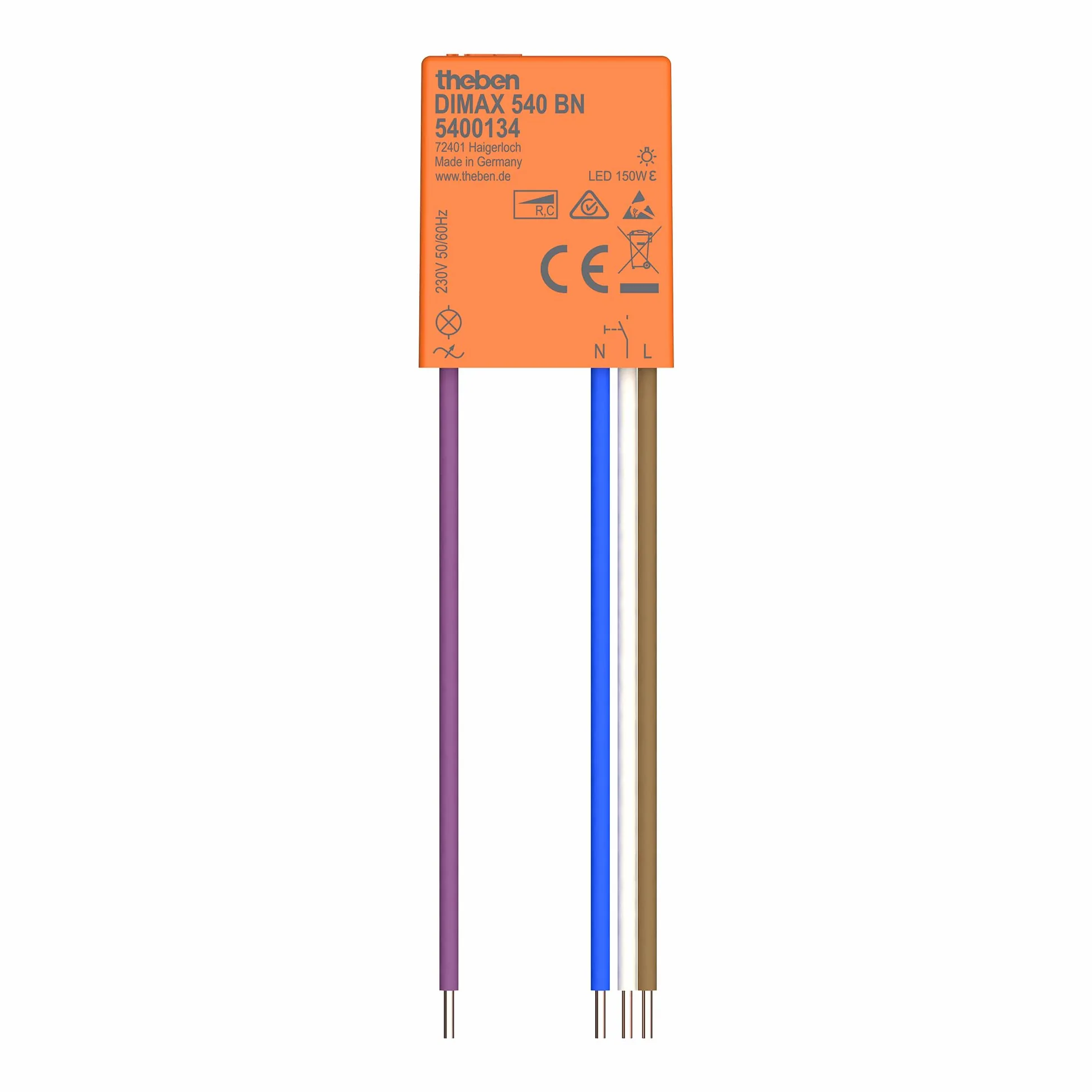 Theben 5400134 DIMAX 540 BN Mini dimmer universale da incasso | versione con 4 conduttori, 32,7 x 26,6 x 9,6 mm, lunghezza cavo fino a 100 m, funzione memoria