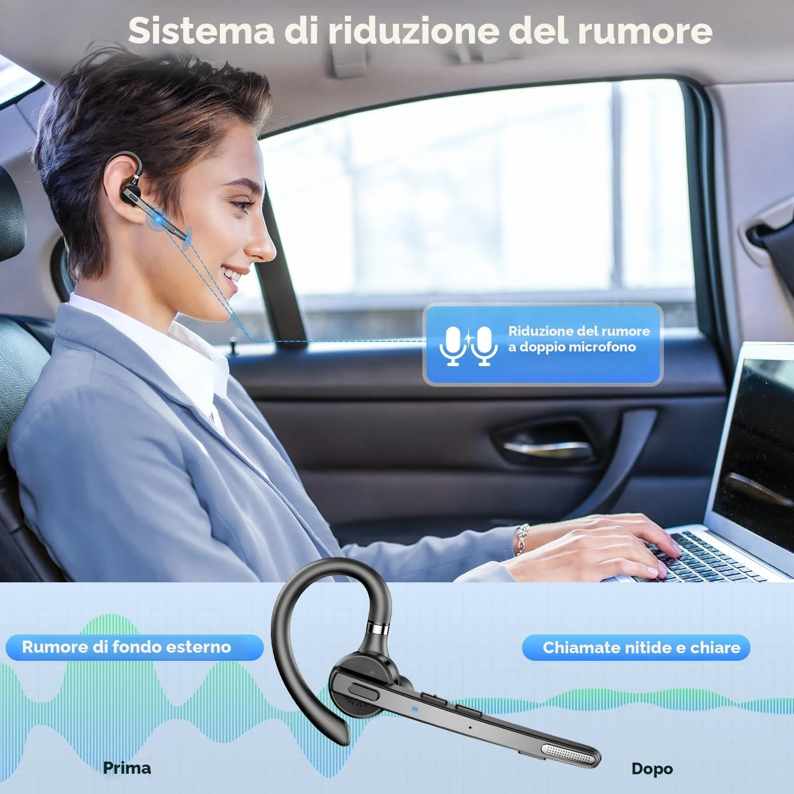 New Bee V5.1 Auricolare Bluetooth Singolo 72Hs Tempo di Gioco Auricolari Mono Bluetooth con Doppio Microfono CVC8.0 per Lavoro Ufficio (1 pezzo)