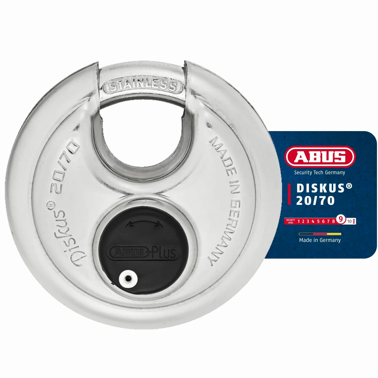 ABUS Lucchetto Diskus 20/70 - Sicurezza Livello 9, Impermeabile | Corpo e arco in acciaio inox - cilindro ABUS-Plus anti-manipolazione - 70x70x30,5 mm - protezione sporco e spruzzi