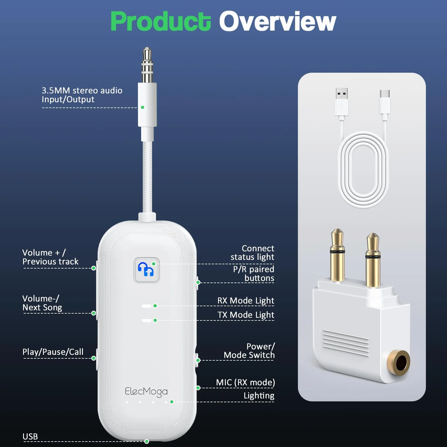 Trasmettitore Bluetooth per TV ElecMoga Ricevitore Bluetooth Aux 3.5mm Jack Adattatore Auto Bassa Latenza Supporto per 2 AirPods Cuffie/Altoparlanti/Uuto/Volo/Palestra