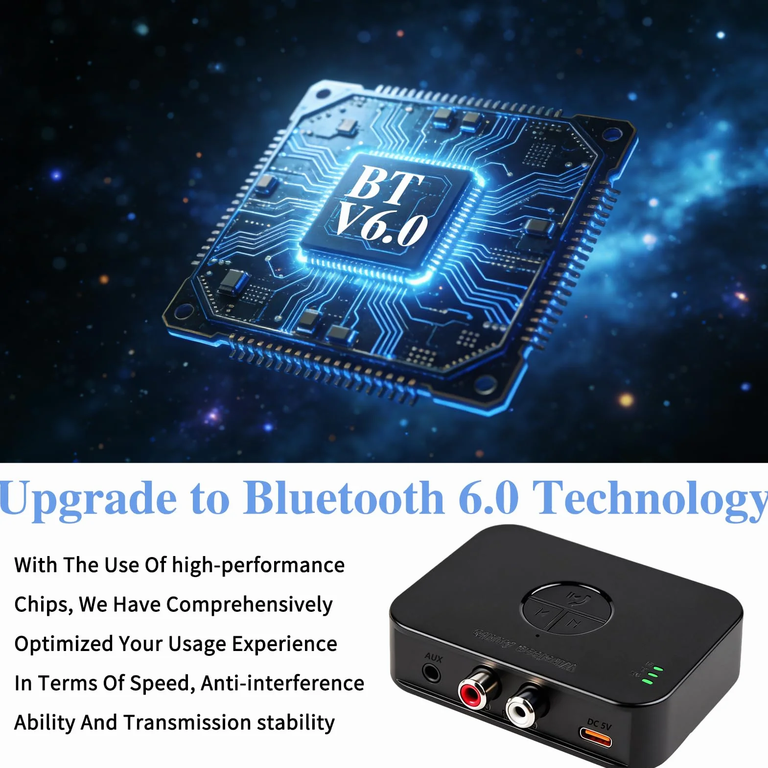 Adattatore Bluetooth 6.0 stereo, doppia connessione 3,5 mm AUX & RCA output, ricevitore Bluetooth per altoparlanti, amplificatore e autoradio, ricevitore audio HiFi Bluetooth con telecomando e 3D