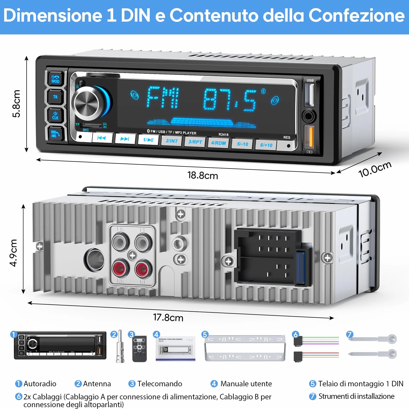 RDS Autoradio Bluetooth 5.0 Vivavoce, Wistrue Stereo Auto Bluetooth FM/AM Autoradio1 Din per Auto, Supporto Vivavoce 2USB/AUX/SD/TF/iOS Android