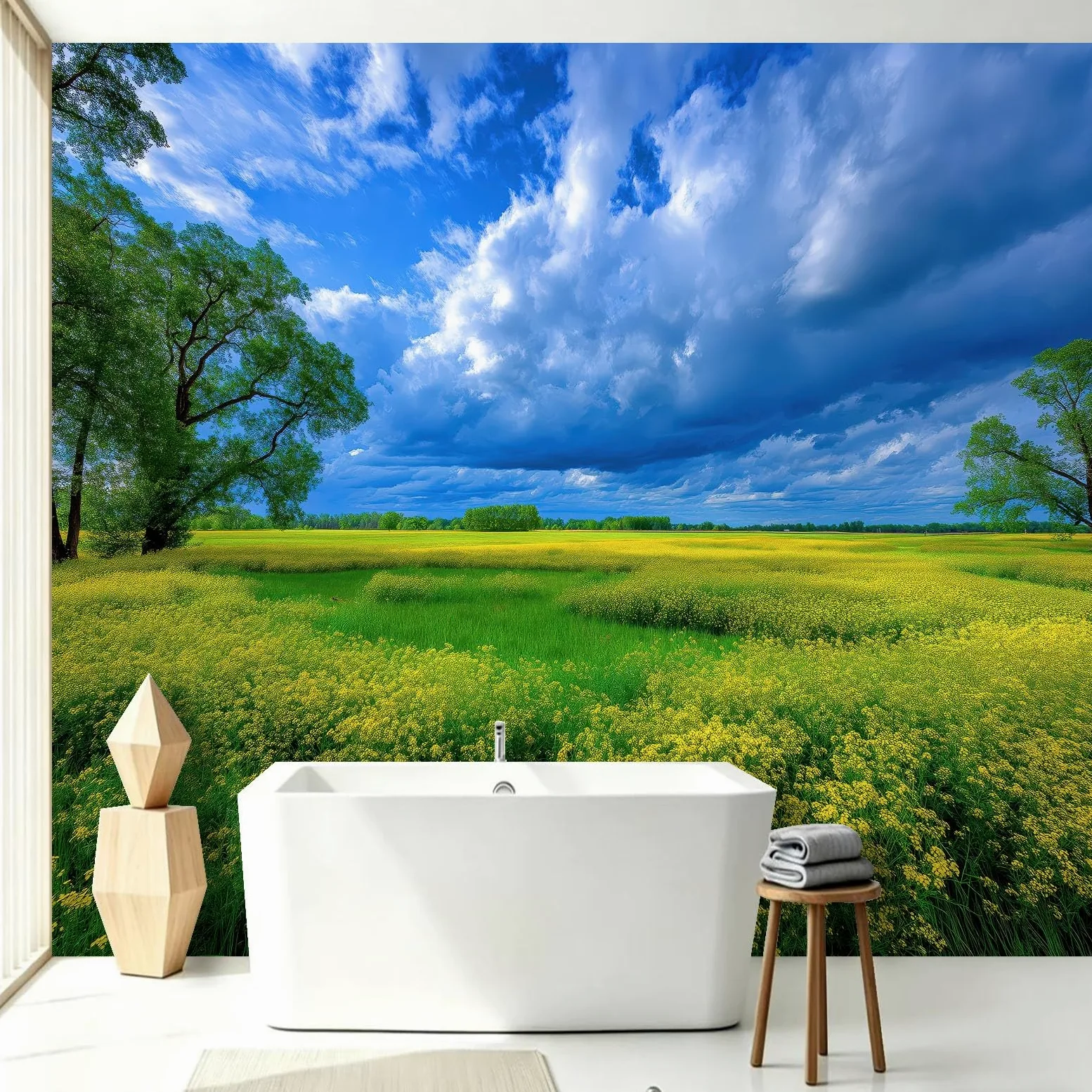 Carta da parati in tessuto non tessuto, 400 x 280 cm, decorazione da parete per sala da pranzo, corridoio, facile da montare, paesaggio, campo di colza, cielo, fiori