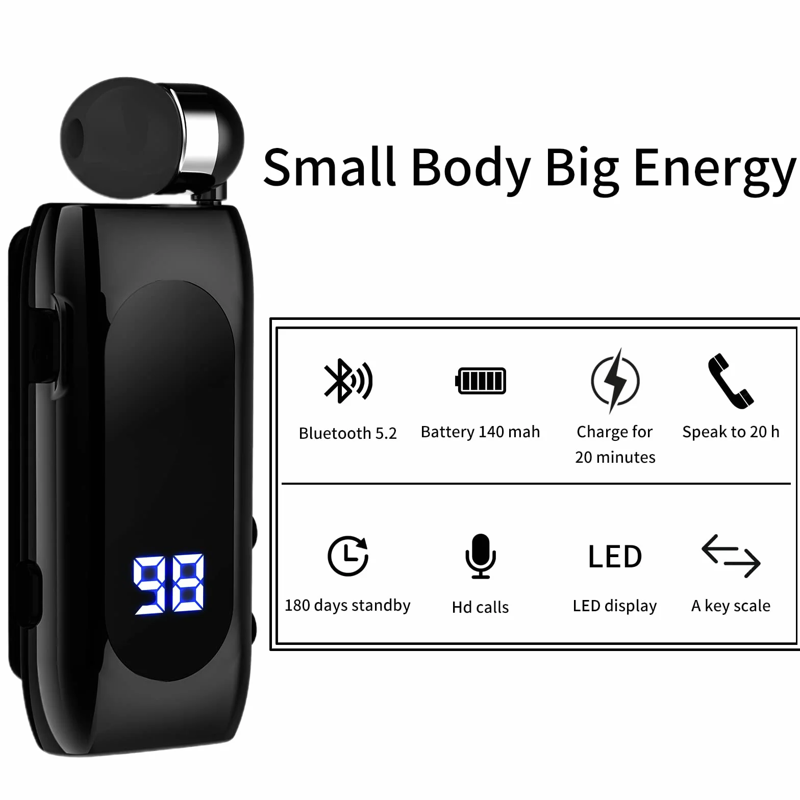 Auricolare Bluetooth Business con Filo Retrattile, Auricolar Senza Fili con Microfono, Bluetooth V5.2, Vivavoce, Compatibile per Universale Smartphone (Nero)