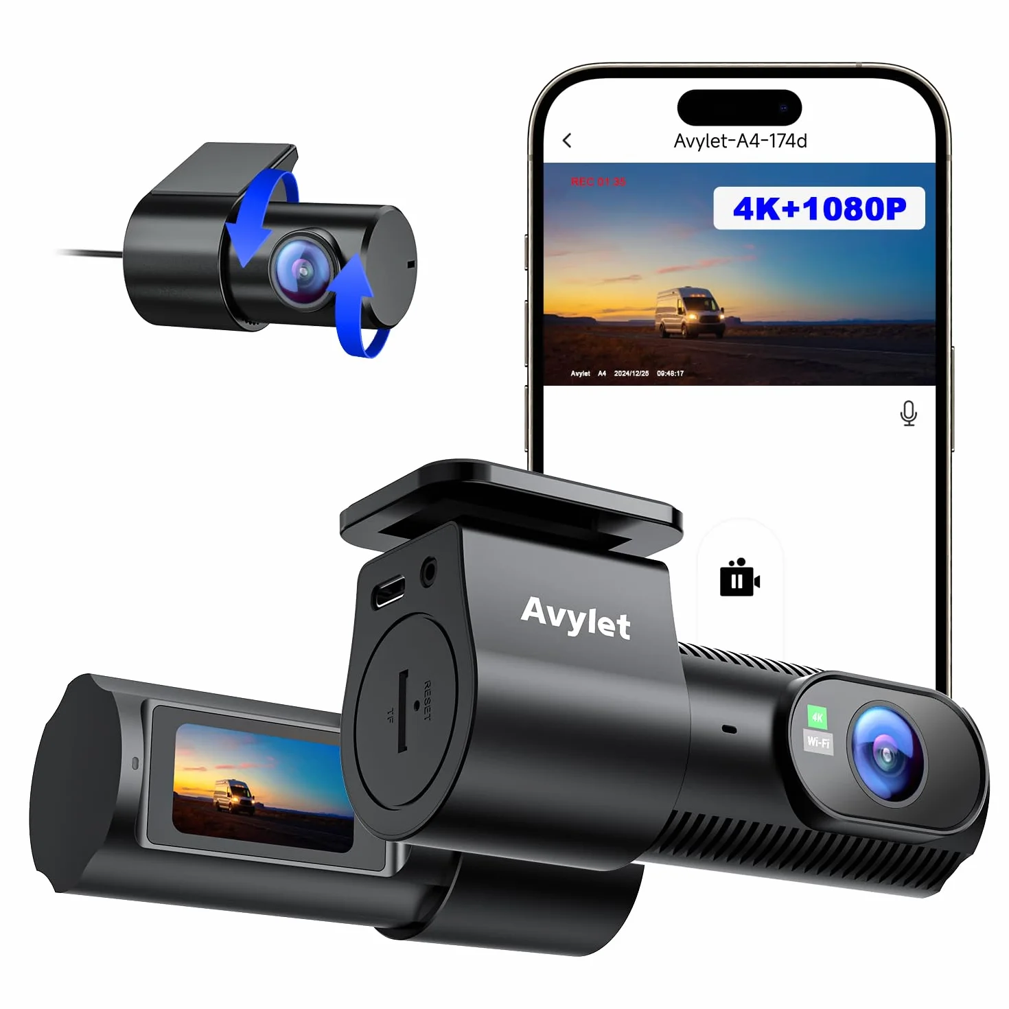 Avylet Dash Cam Auto 4K+1080P Anteriore e Posteriore, Schermo da 1,5", WiFi 5GHz, Grandangolo 170°+150°, Visione Notturna, Modalità Parcheggio 24H, WDR, App, G-Sensor, Loop, Supporta 256GB