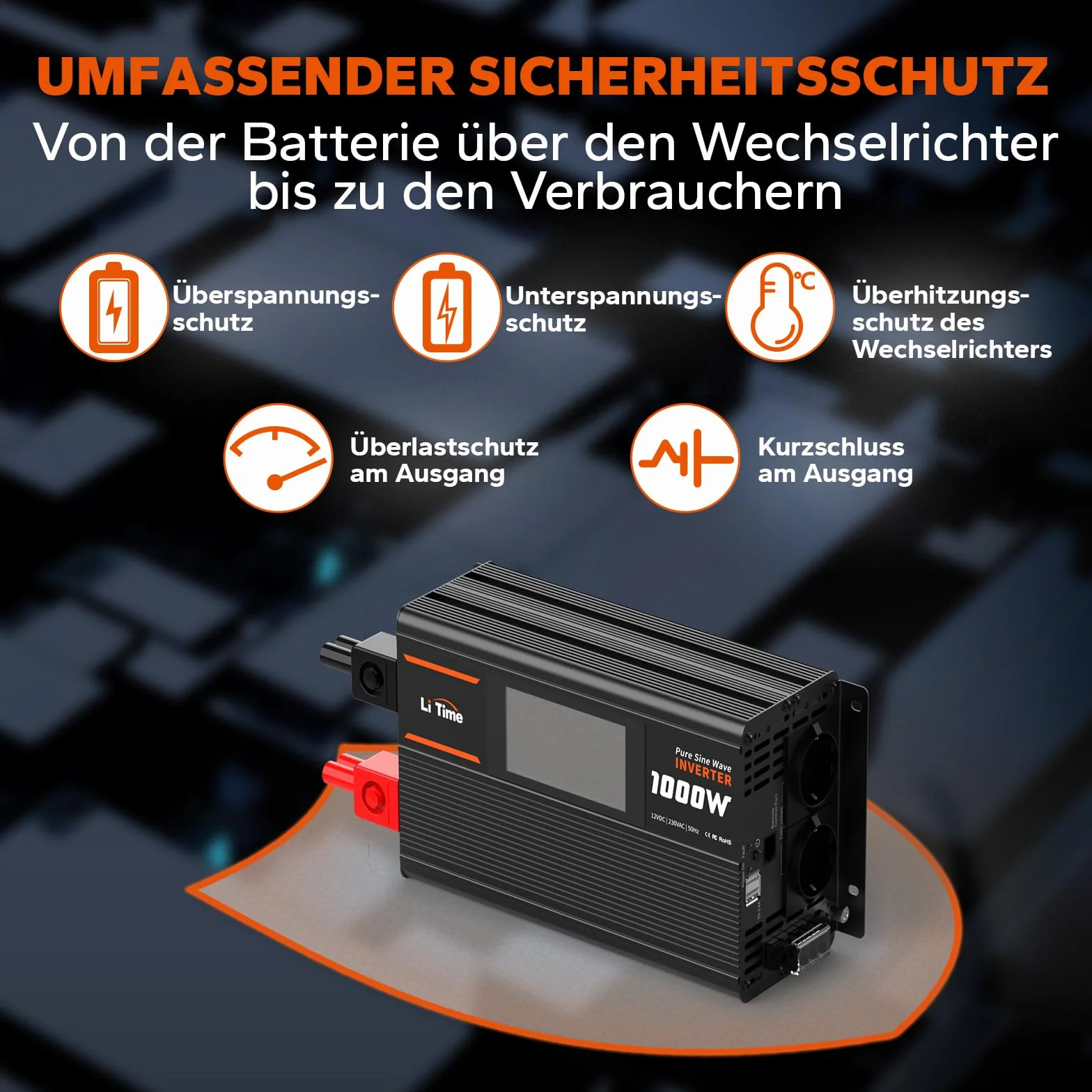 LiTime 1000 W Inverter Sinsus Pure 12 V DC a 230 V AC Convertitore per Camping-Car, Camping, Inverter Solare con 2 uscite AC, Display di Sorveglianza con Visualizzazione dello stato in tempo reale