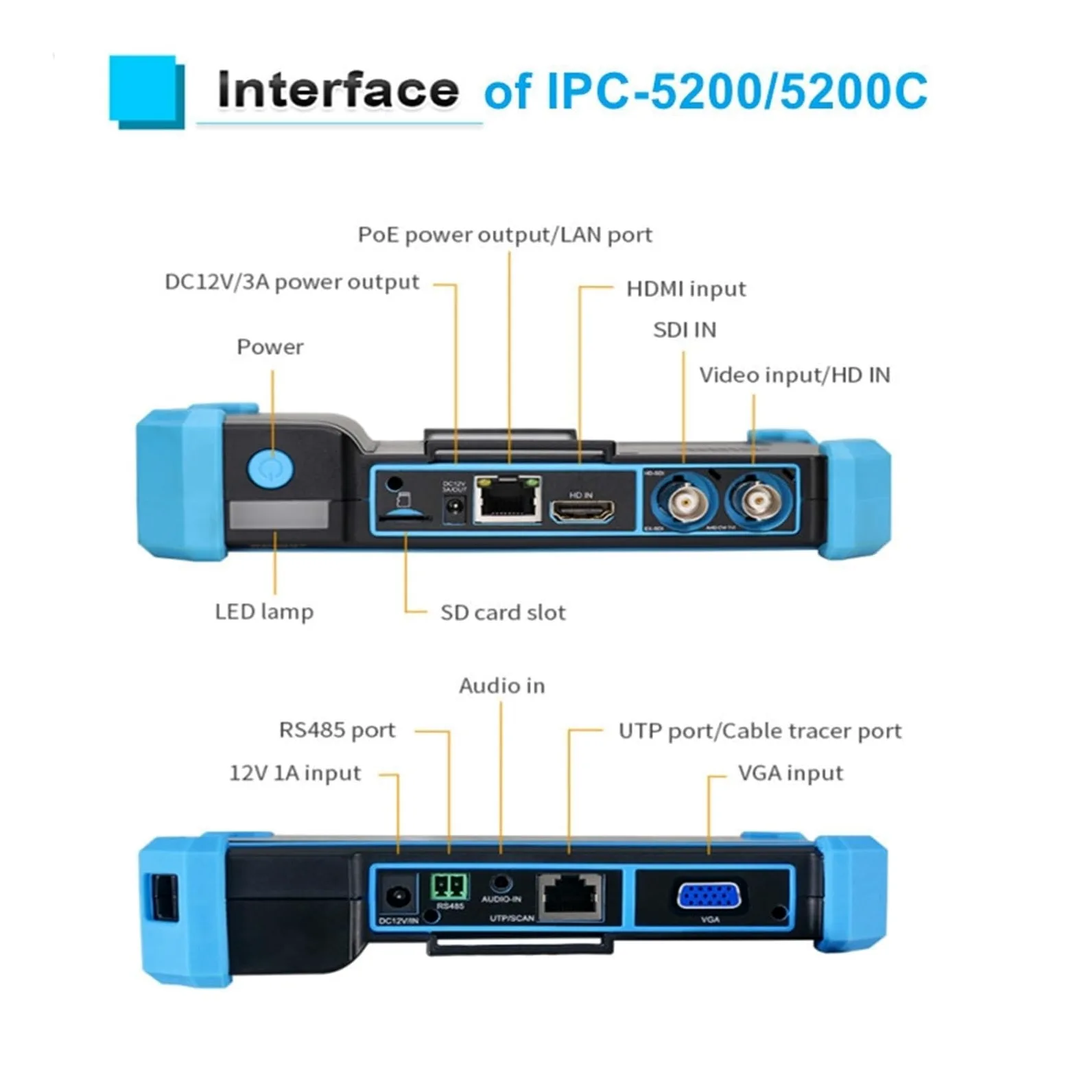 Tester CCTV Telecamera IP CCTV Tester AHD CVI TVI SDI 5 Pollici Touch 4K VGA Ingresso Sicurezza Poe IPC Tester Cftv Mini Monitor Portatile Tester Test del segnale audio/video(IPC-5200C Plus)