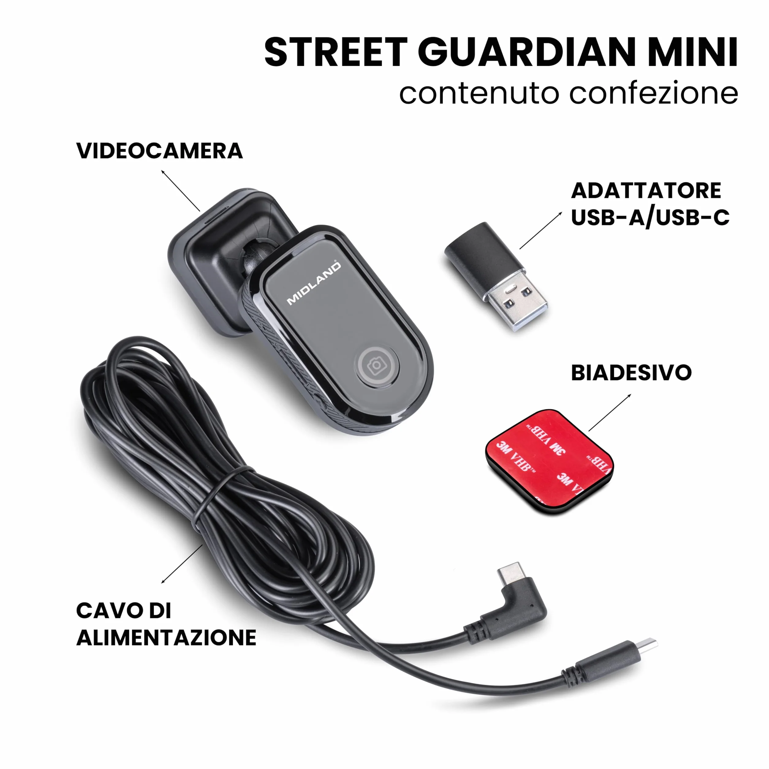 Midland - Dash Cam Auto Street Guardian Mini, Dashcam con Localizzatore GPS Integrato, Videocamera con Sensore G per Rilevamento Urti - Accessori Auto, Telecamera Wi-Fi per Accesso Video da Smartphone
