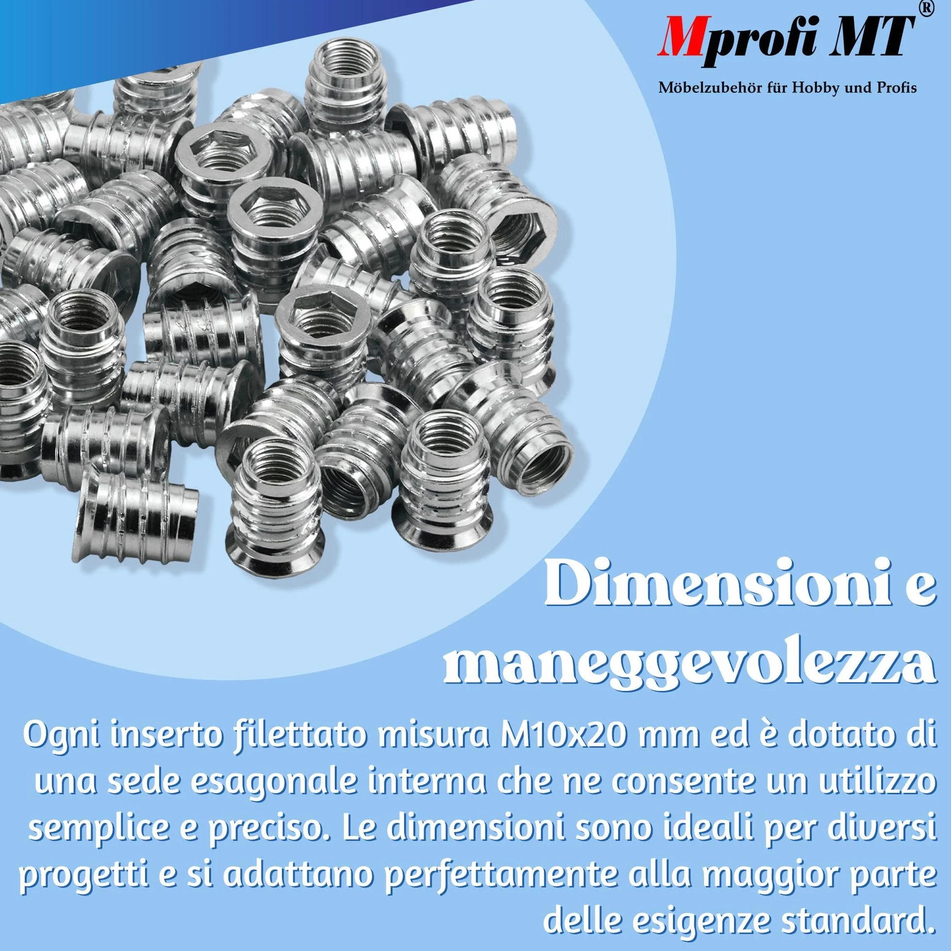 Mprofi MT® Dado Esagonale Inserti M10 x 20mm Inserti Filettati per Mobili in Legno