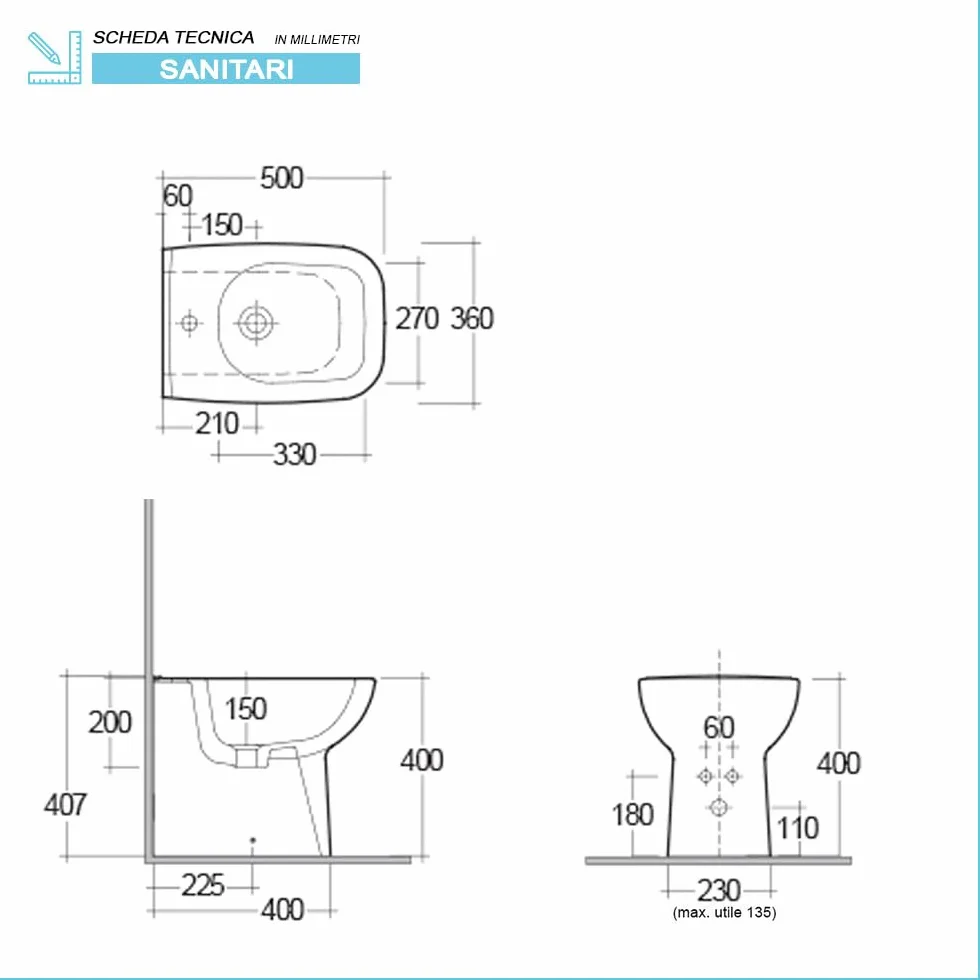 Coppia di sanitari monoblocco con scarico a pavimento e cassetta in ceramica, bidet FILOMURO e copriwc originale, ORIGIN