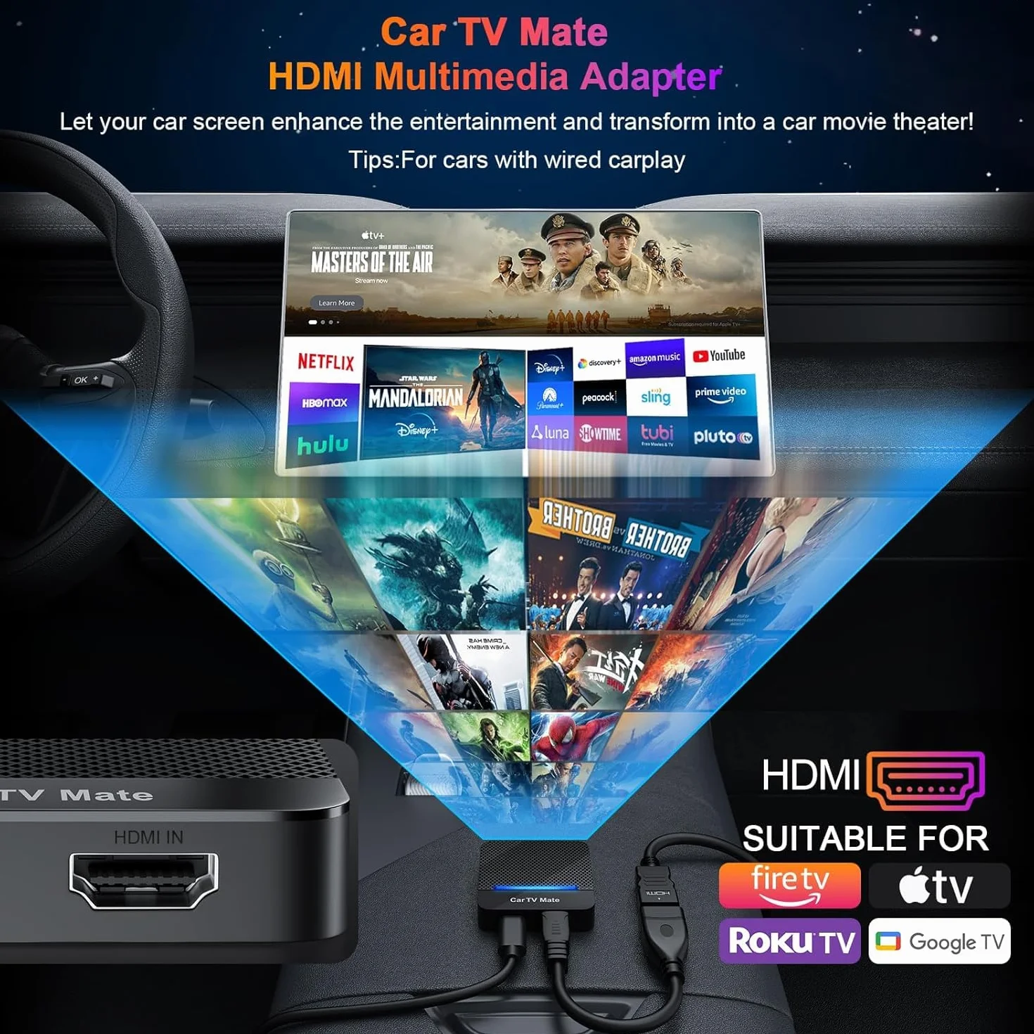 Car TV Mate 2025 Adattatore wireless CarPlay integrato, convertitore Fire TV Stick per auto Plug & Play, stabile, veloce, nessuna latenza, adattatore multimediale HDMl con CarPlay cablato di fabbrica