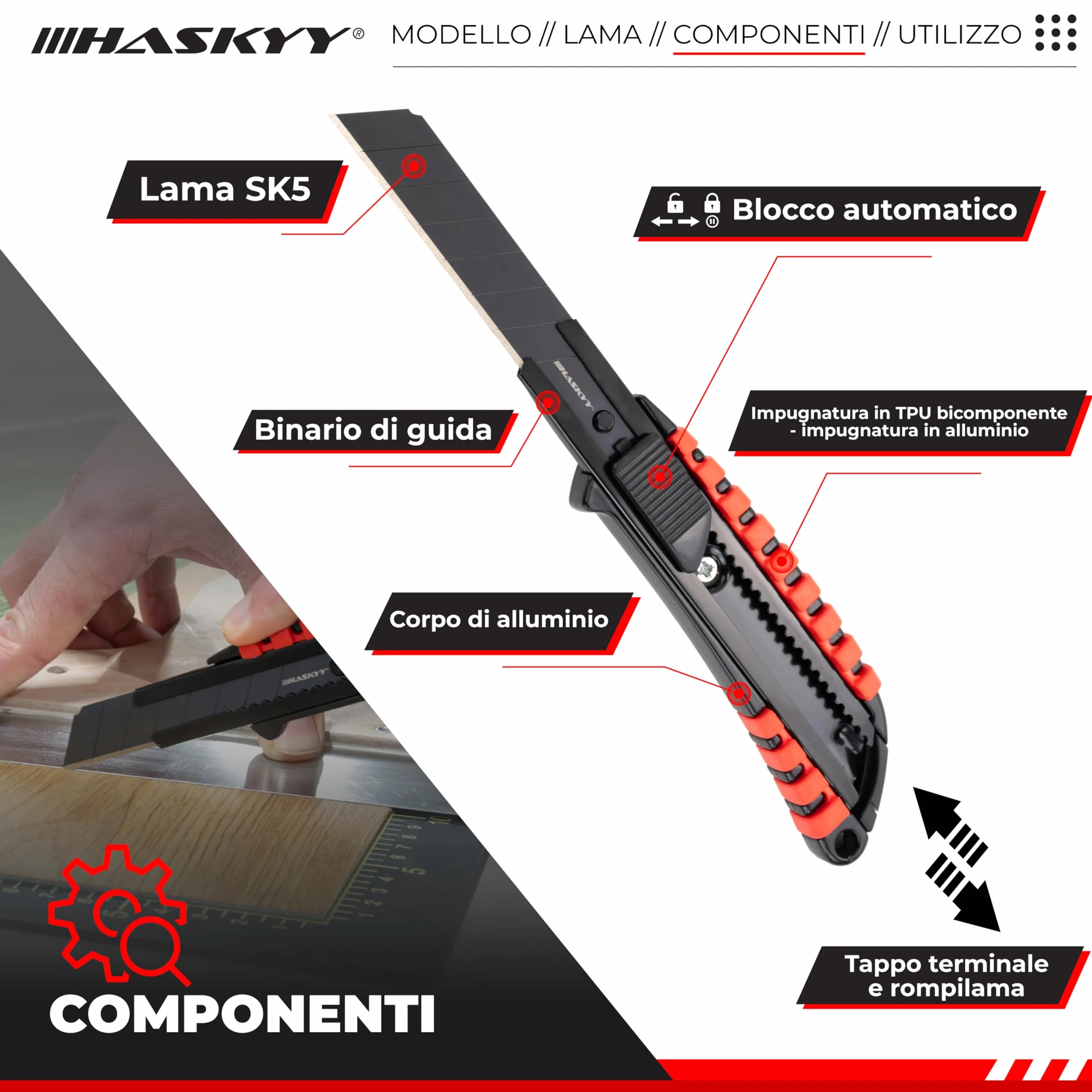 HASKYY Taglierino da Tappeto 18mm Set 5x Coltelli con Lama SK5 Ergonomico