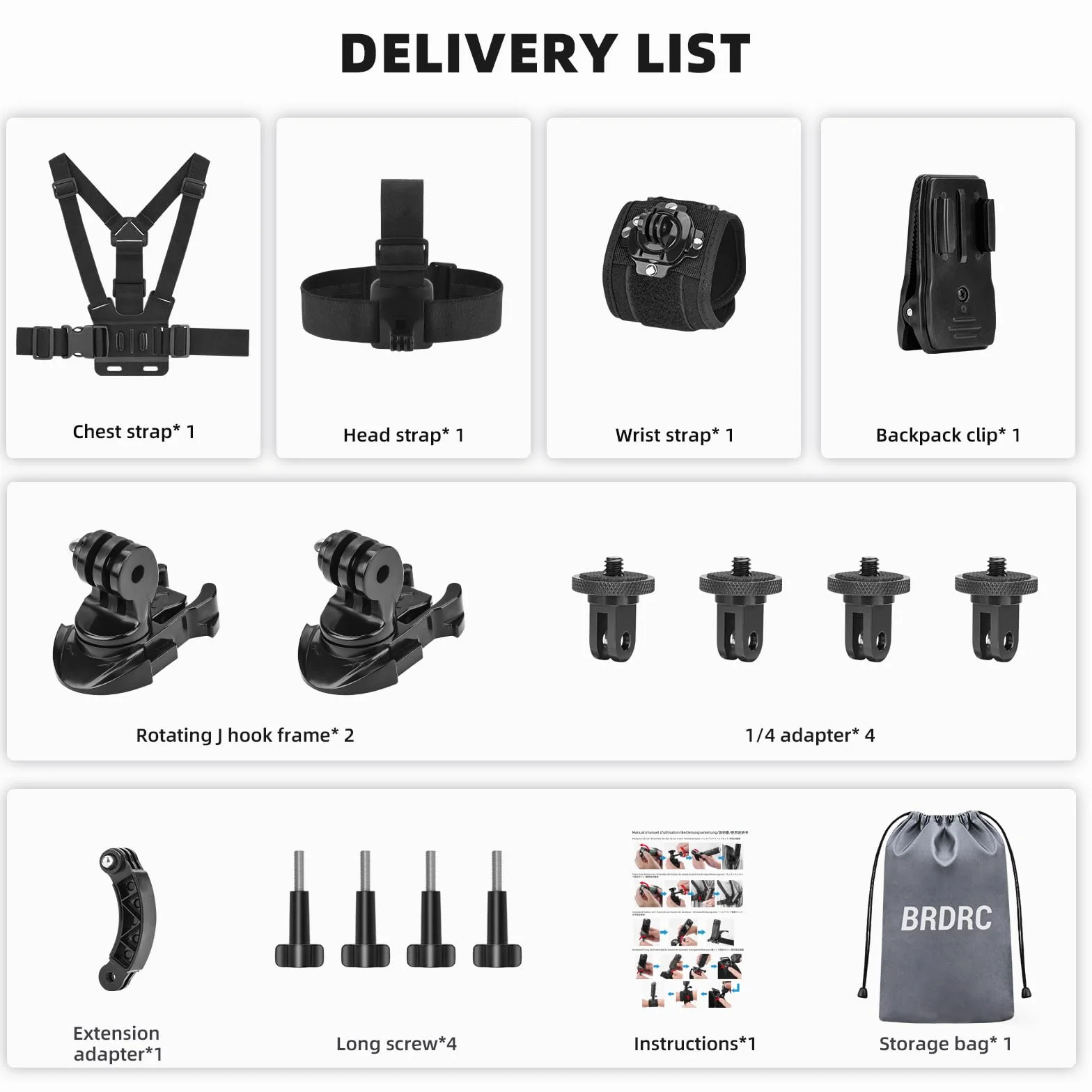 BRDRC Kit di accessori per Insta 360 X5 X4, cinghia per il petto, imbracatura per zaino, supporto da polso, adattatore rotante a 360° + rilascio rapido per Insta360 One X5 X4 X3 X2 X
