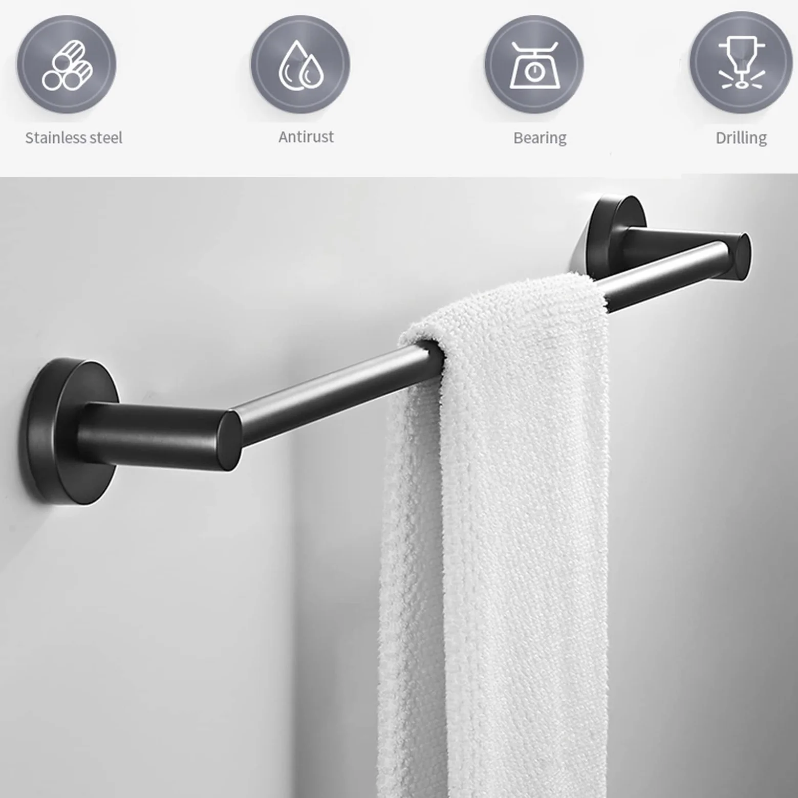SUS304 Portasciugamani in Acciaio Inossidabile ， Portasciugamani a Parete Portasciugamani per Portasciugamani da Bagno Mensola Porta Asciugamani Nero Opaco (Dimensioni : 80cm)