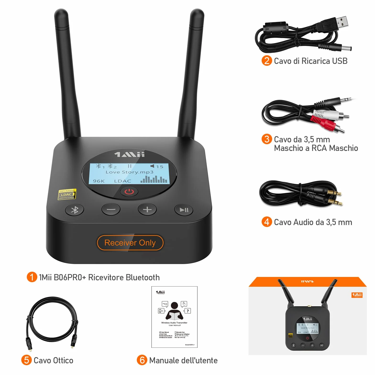 1Mii B06Pro+ Ricevitore Bluetooth HiFi, Adattatore Audio Wireless Bluetooth 5.1 Hi-Res LDAC per Stereo, Aptx HD& Bassa Latenza, con Uscita Ottica/AUX, Controllo del Volume, Display LCD, Lungo Raggio