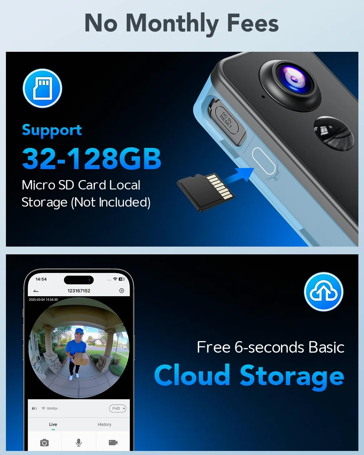 XTU Videocitofono wireless, 2K HD, con campanello intelligente per porta, vista dalla testa ai piedi, funzionamento a batteria, rilevamento del movimento PIR, visione notturna, audio a 2 vie, scheda