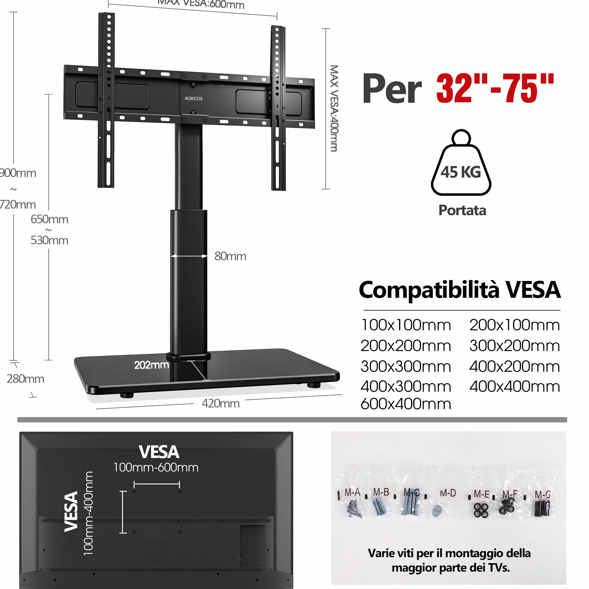 AOKCOS Supporto TV da Tavolo Inclinabile per 32-55 65 70 75 Pollici, Girevole Altezza Regolabile Piedistallo TV con Base, Mobile Porta TV Max VESA 600x400mm 45KG