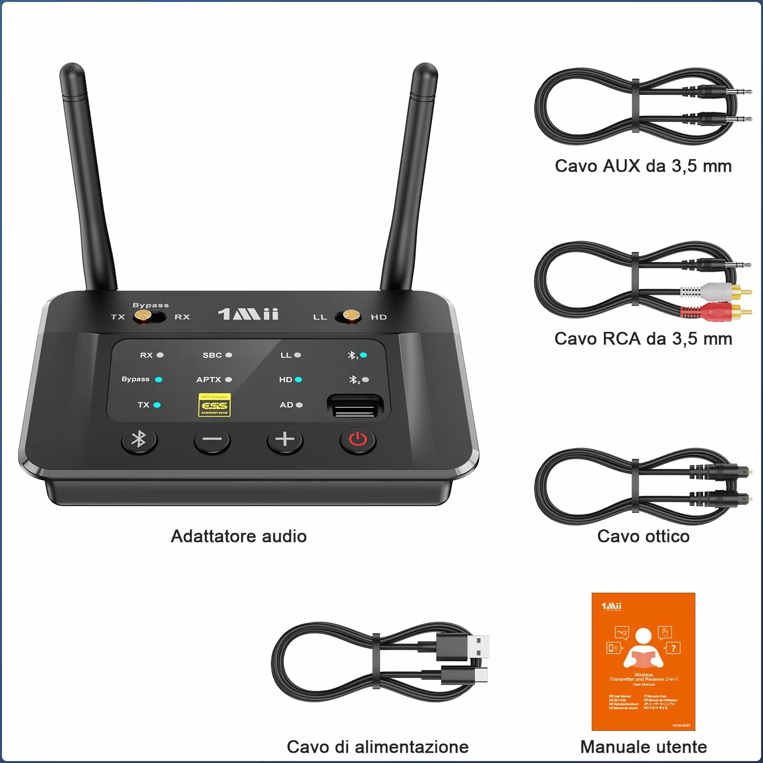 1Mii B03S Trasmettitore Ricevitore Bluetooth 5.3 per TV Cuffie, Adattatore Audio HiFi con Chip DAC ESS, aptX LL/Adaptive/HD, Ottico/Jack 3.5mm AUX (RCA), Lungo Raggio per PC/Stereo, Dual Link