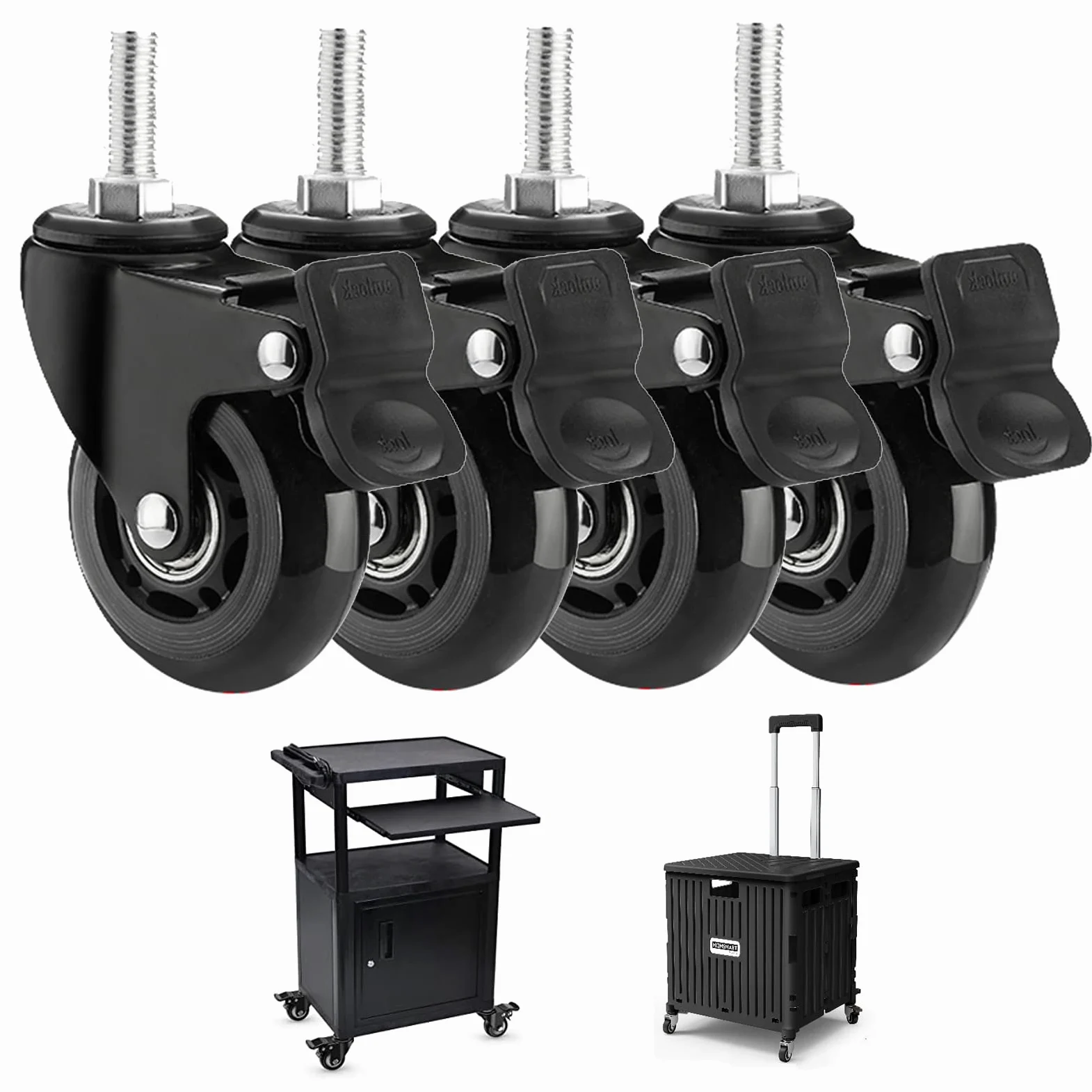 Ruote girevoli per carichi Pesanti da 75 mm con Freno, capacità di carico 200 kg, Set di 4 Ruote di Ricambio per mobili, bullone M8/M10, Diametro 25 mm, Colore Nero (4 con Freno)