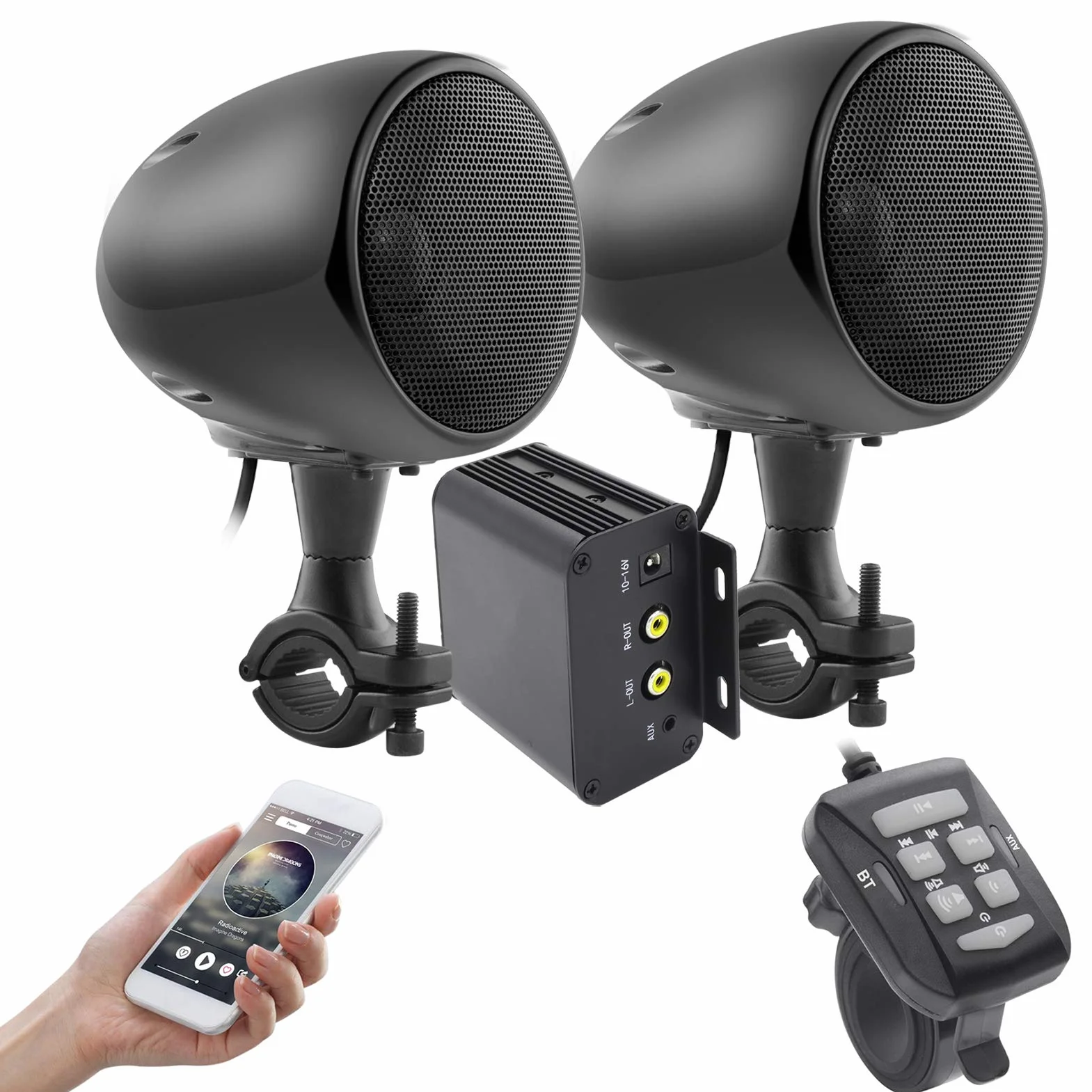 iMESTOU Amplificatore per Moto con AUX, MP3, Radio FM, 4 Pollici Full Range Impermeabile Bluetooth Altoparlanti Stereo Adatto per Manubrio Moto ATV UTV RZR