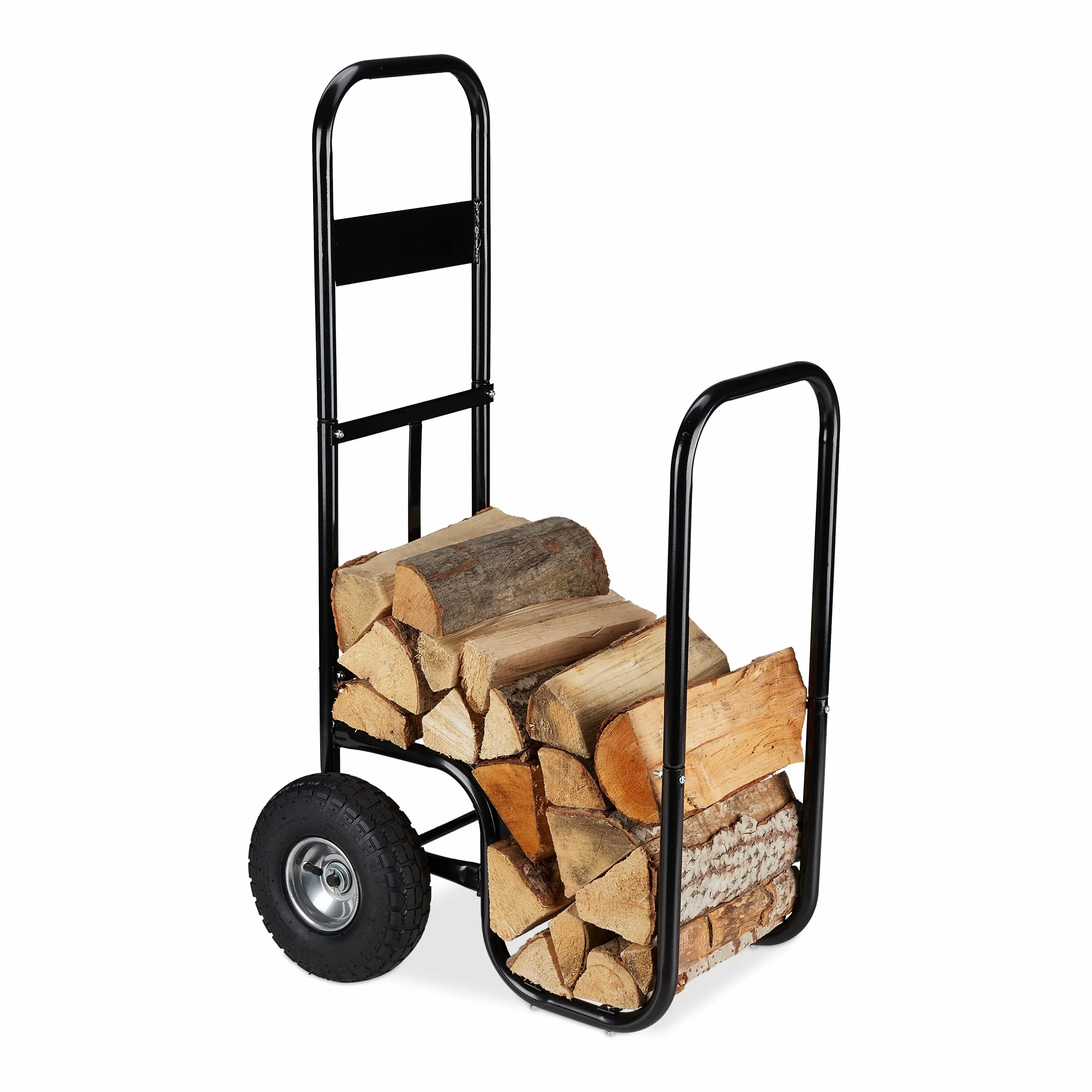 Relaxdays Carrello per Legna, da Trasposto, in Acciaio, con 2 Ruote, Contenitore, capacità di Carico Fino a 60 kg, Nero