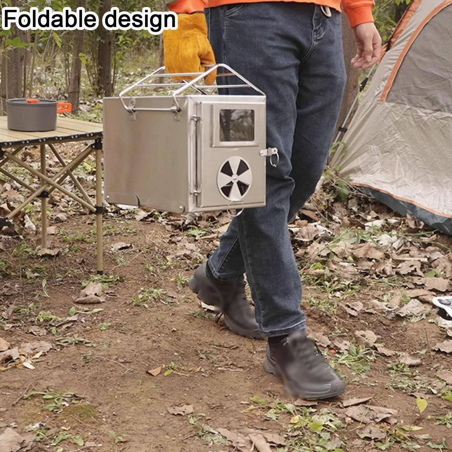 Stufa a Legna Portatile da Campeggio Realizzato in Acciaio Inossidabile Design Pieghevole con Finestra di Osservazione