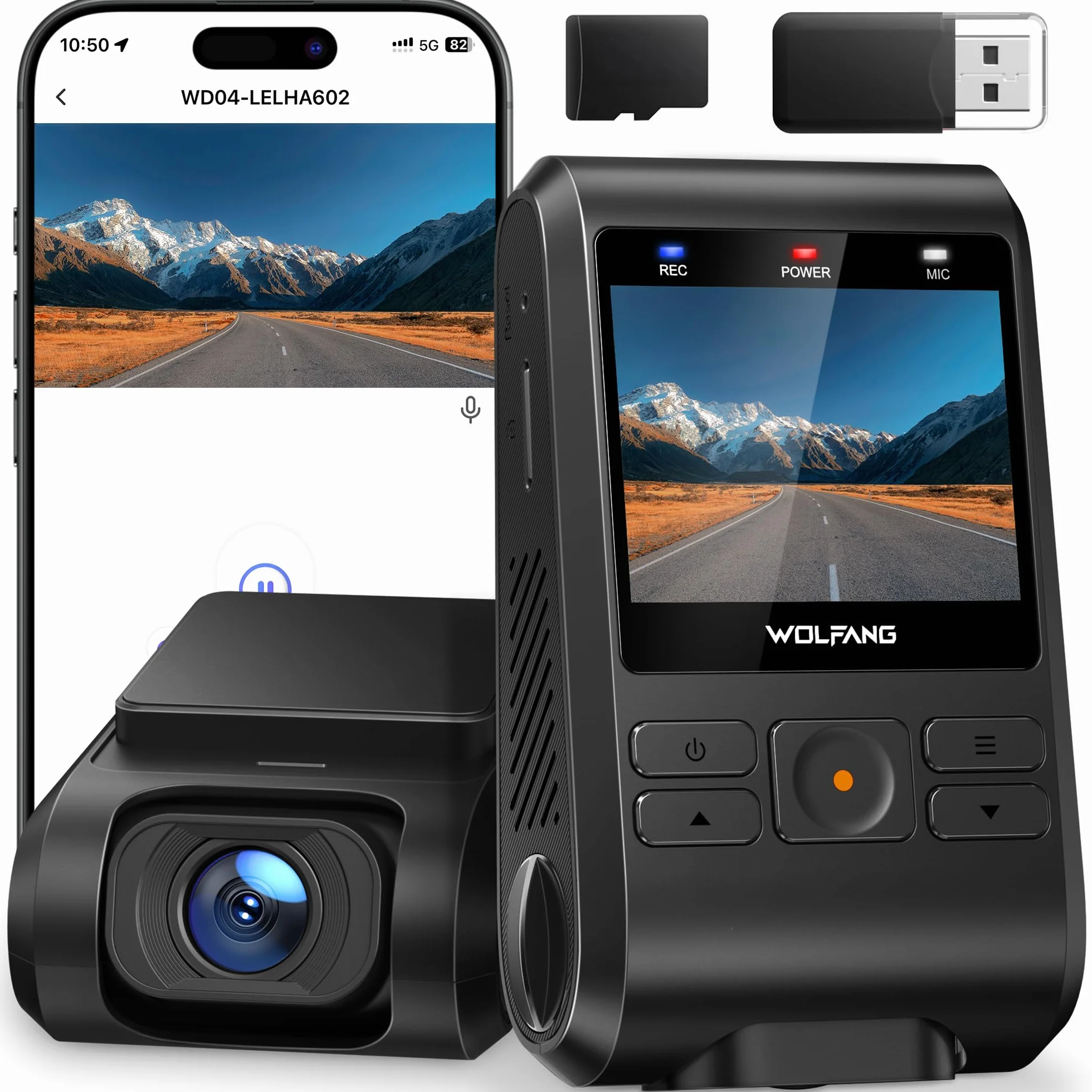 WOLFANG Dash Cam Auto 1440P, WiFi Dashcam per Auto con Scheda SD 32G, Telecamera Auto 170° Grandangolo, Visione Notturna,G-Sensor, WDR, Monitor di Parcheggio, Registrazione in Loop