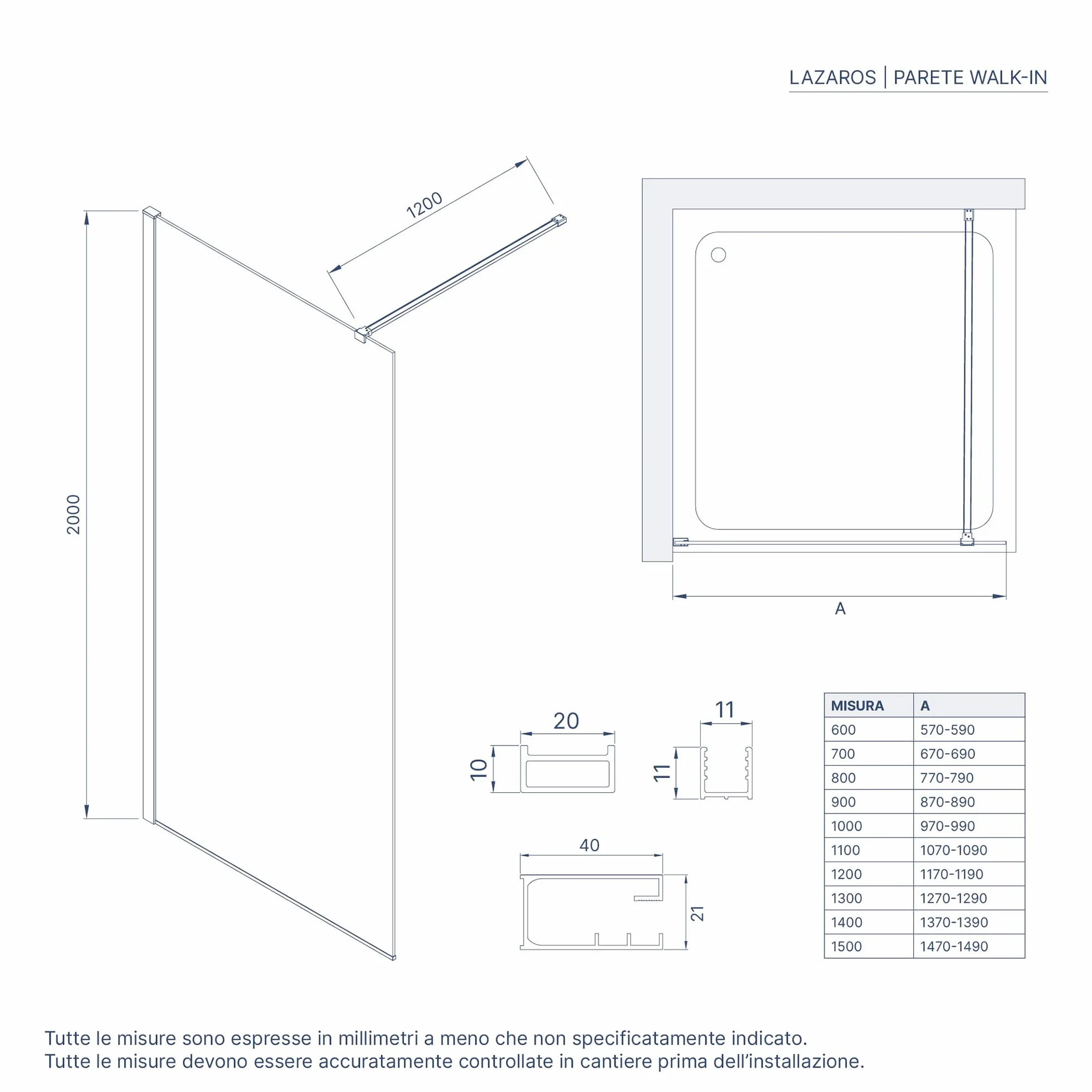 Box Doccia Walk-in 120cm Altezza 200cm Vetro Temperato Trasparente 8mm Anticalcare Lazaros