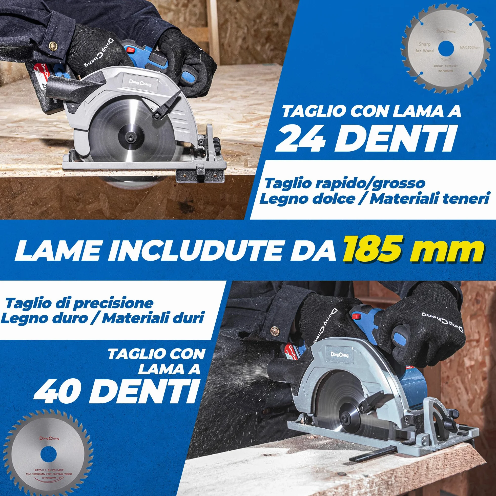 Dong Cheng Sega Circolare a Batteria da 18V, Diametro 185 mm, 5000 giri/min, Profondità di Taglio 65mm (90°)/45mm (45°) Con 4.0Ah Batteria, BOXX, Per Legno, Plastica, PVC